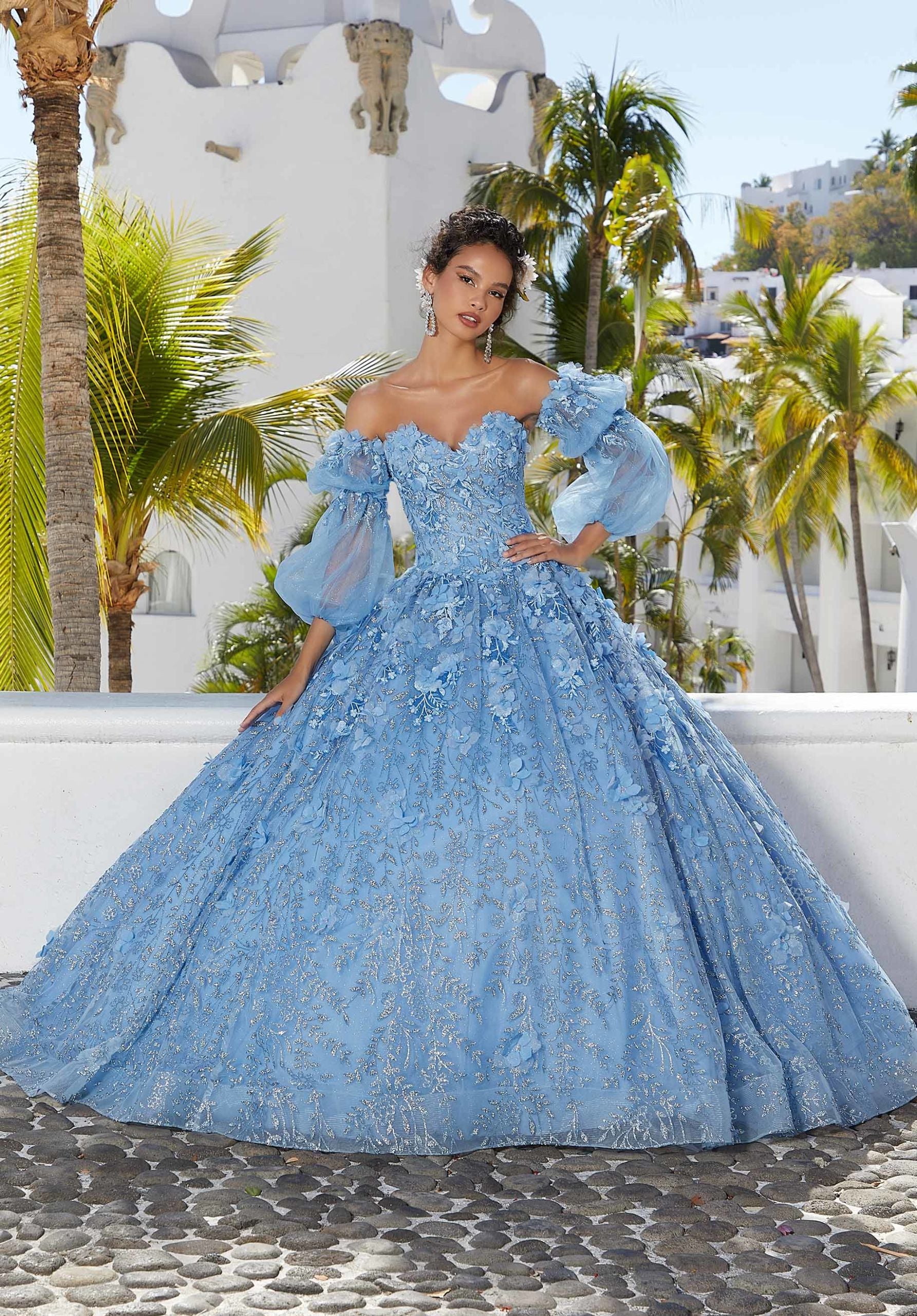 Three-Dimensional Floral Patterned Glitter Quinceañera Dress