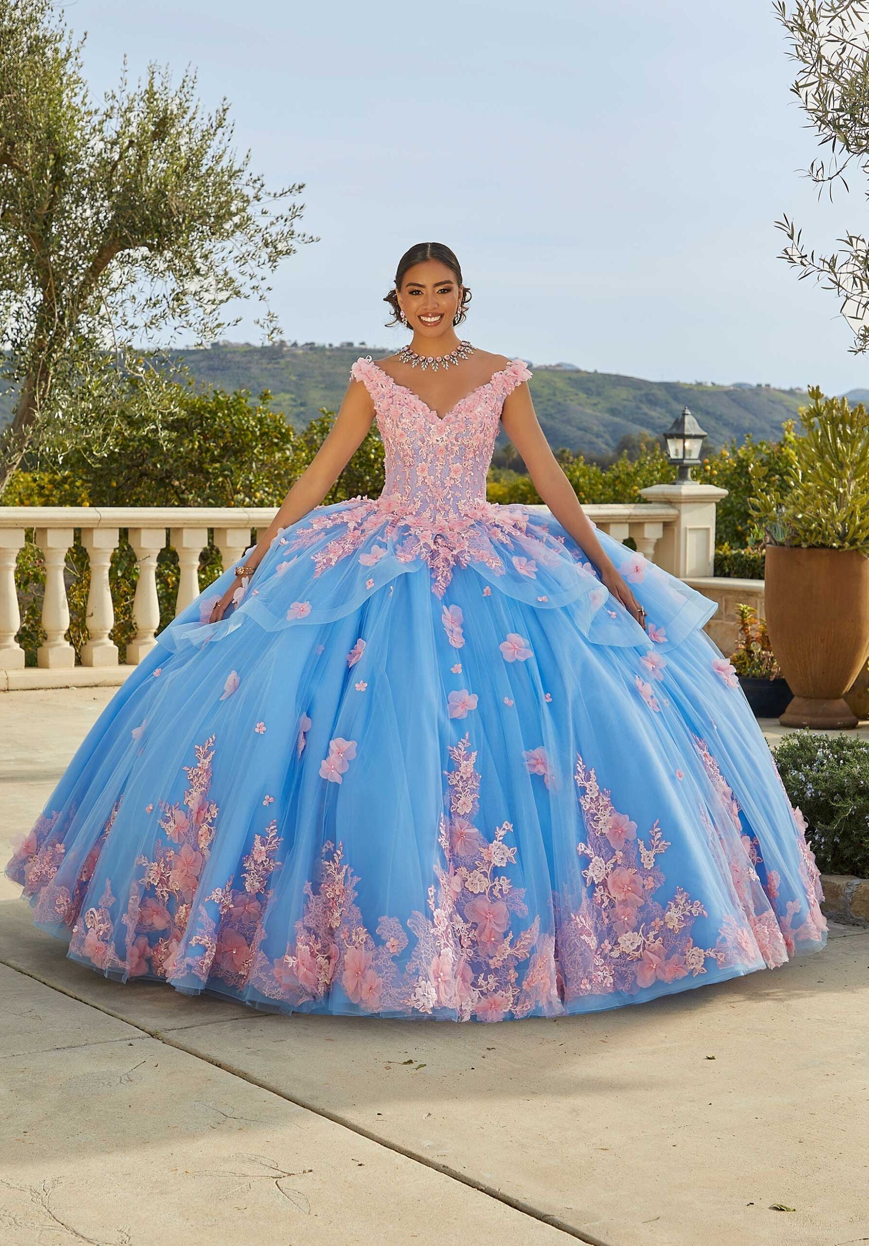 Contrasting Floral Applique Quinceañera Dress