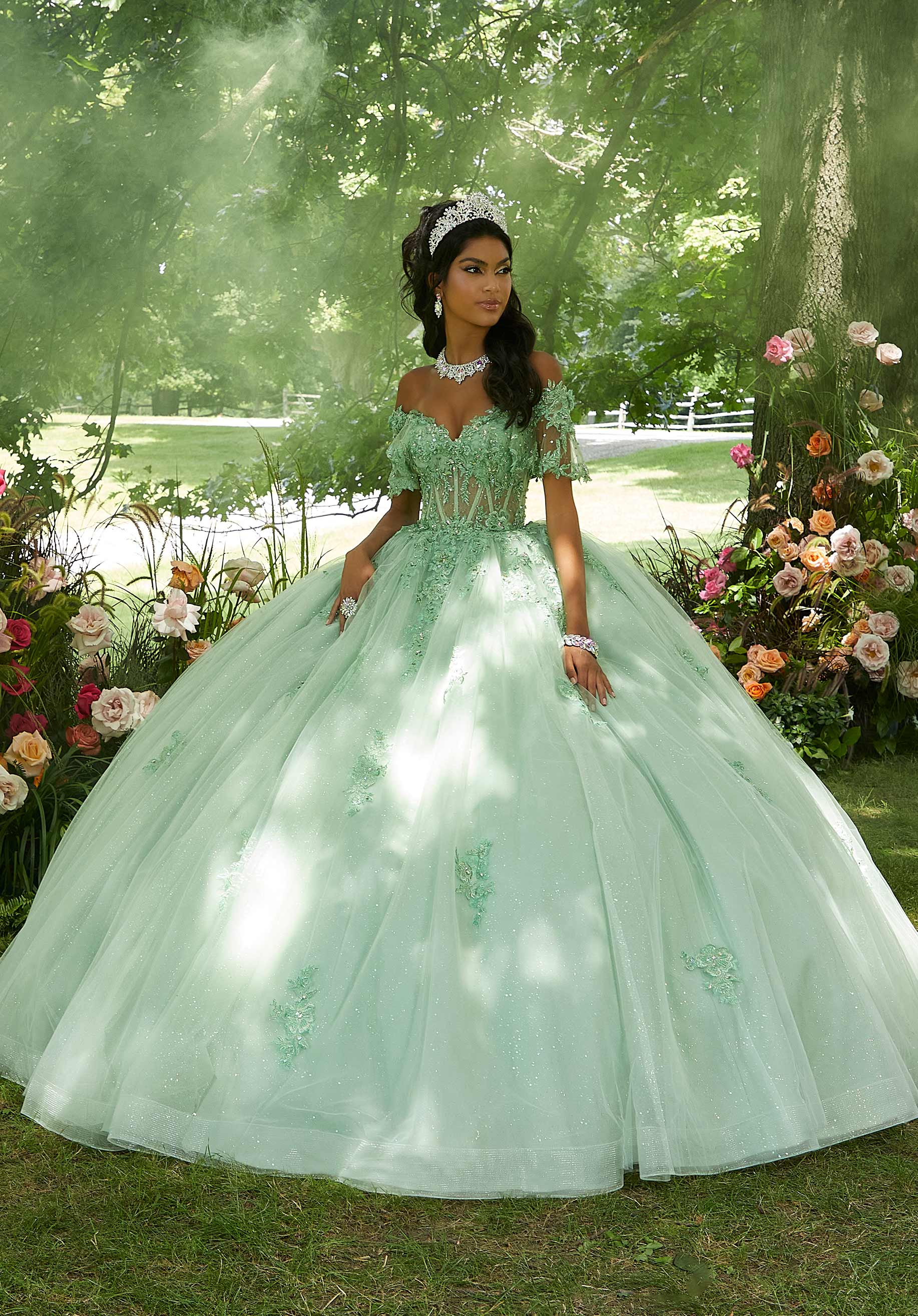 Crystal Beaded Floral Embroidered Quinceañera Dress with Sheer Midriff