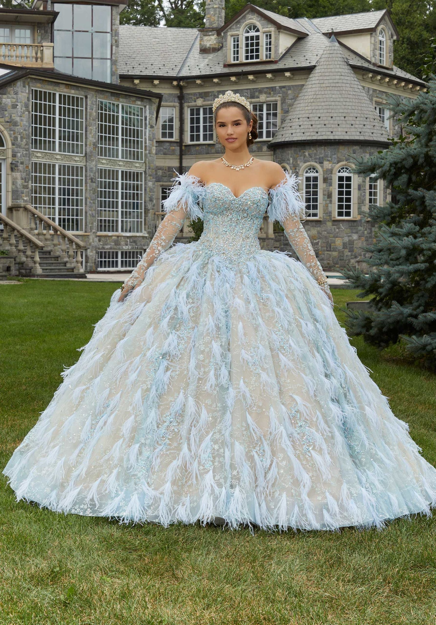 Floral Glitter and Feather Quinceañera Dress