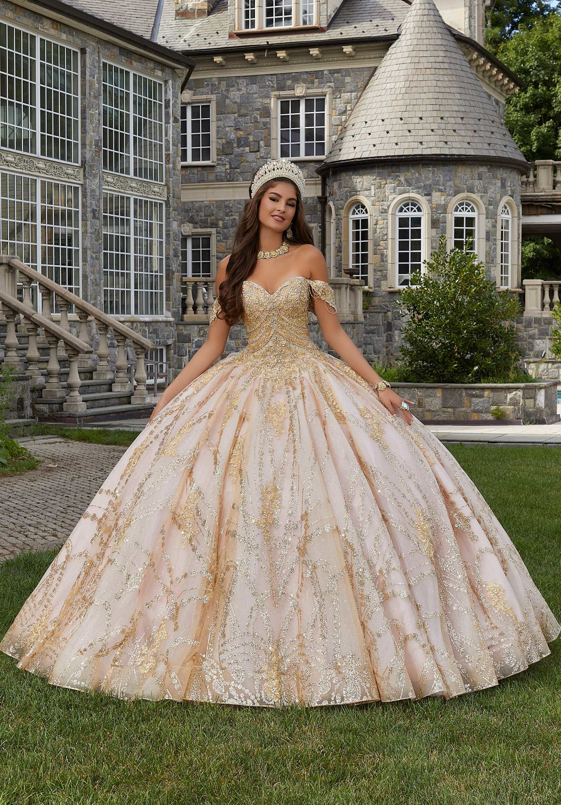 Patterned Glitter Quinceañera Dress with Chandelier Beading