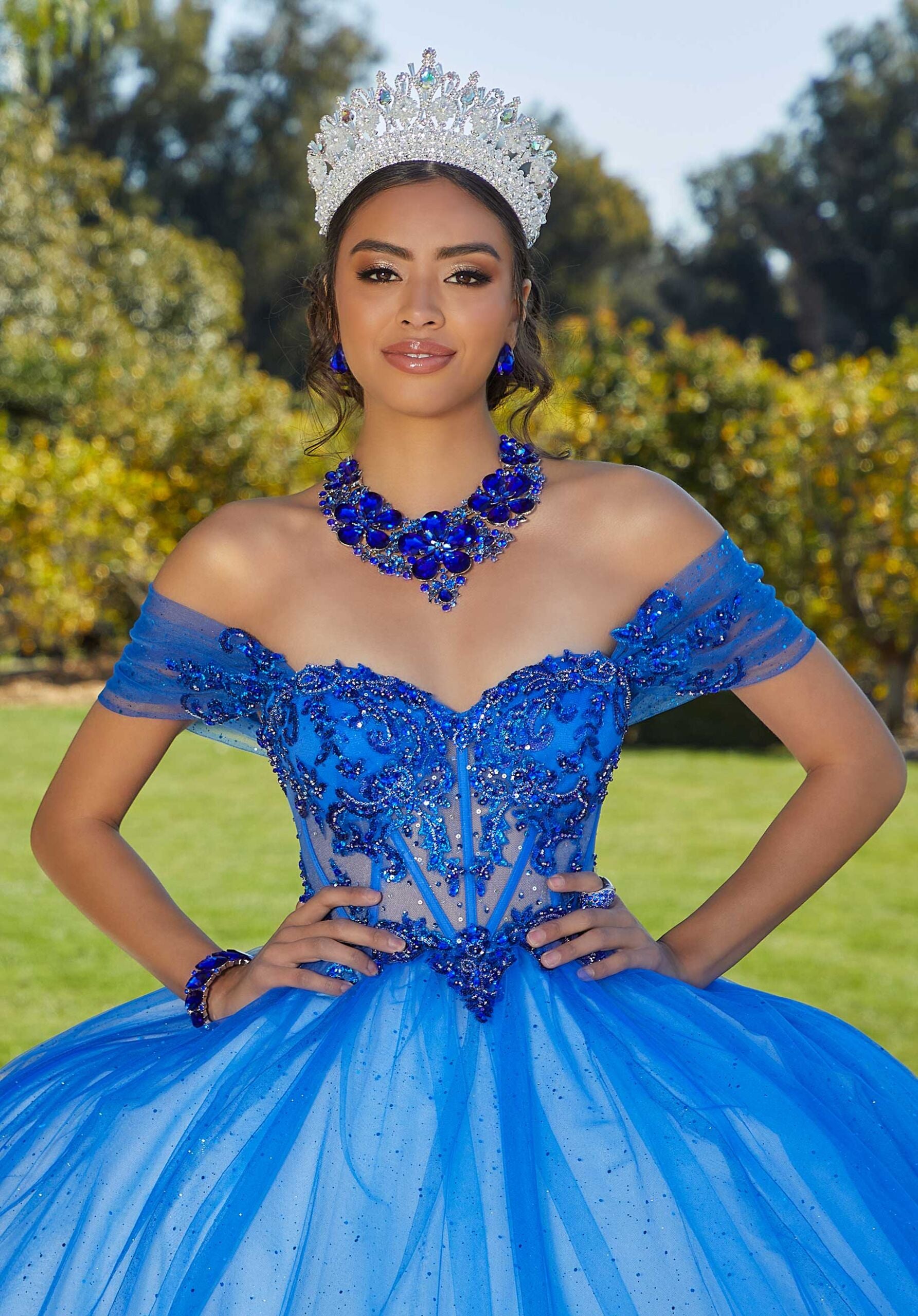 Rhinestone and Crystal Beaded Quinceañera Dress with Sheer Bodice