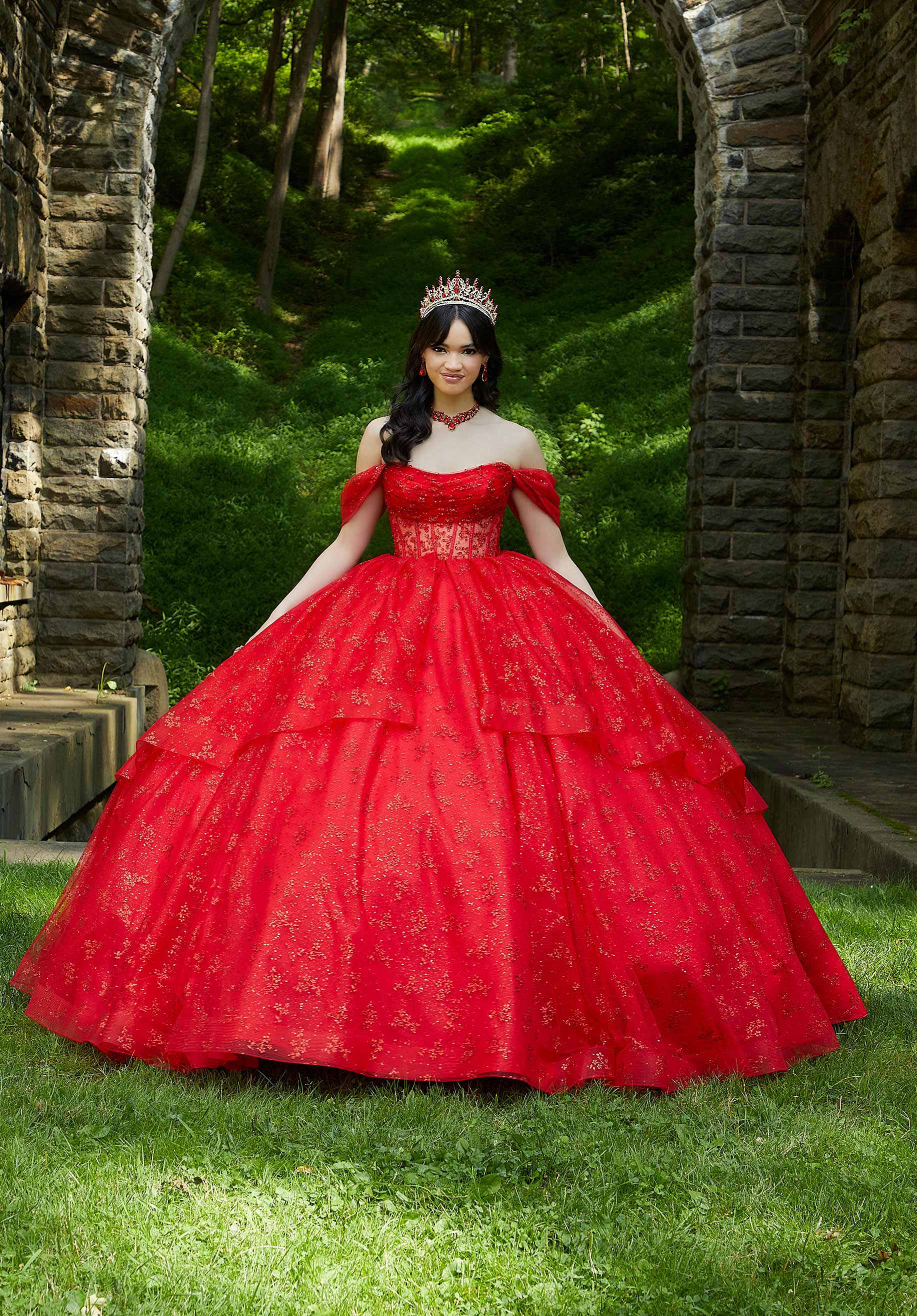 Patterned Glitter and Crystal Beaded Quinceañera Dress with Sheer Bodice
