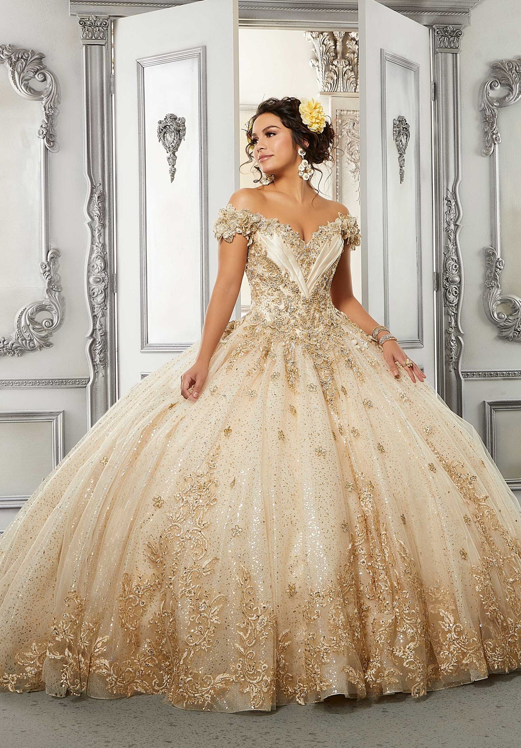 Draped Satin and Metallic Printed Tulle Quinceañera Dress