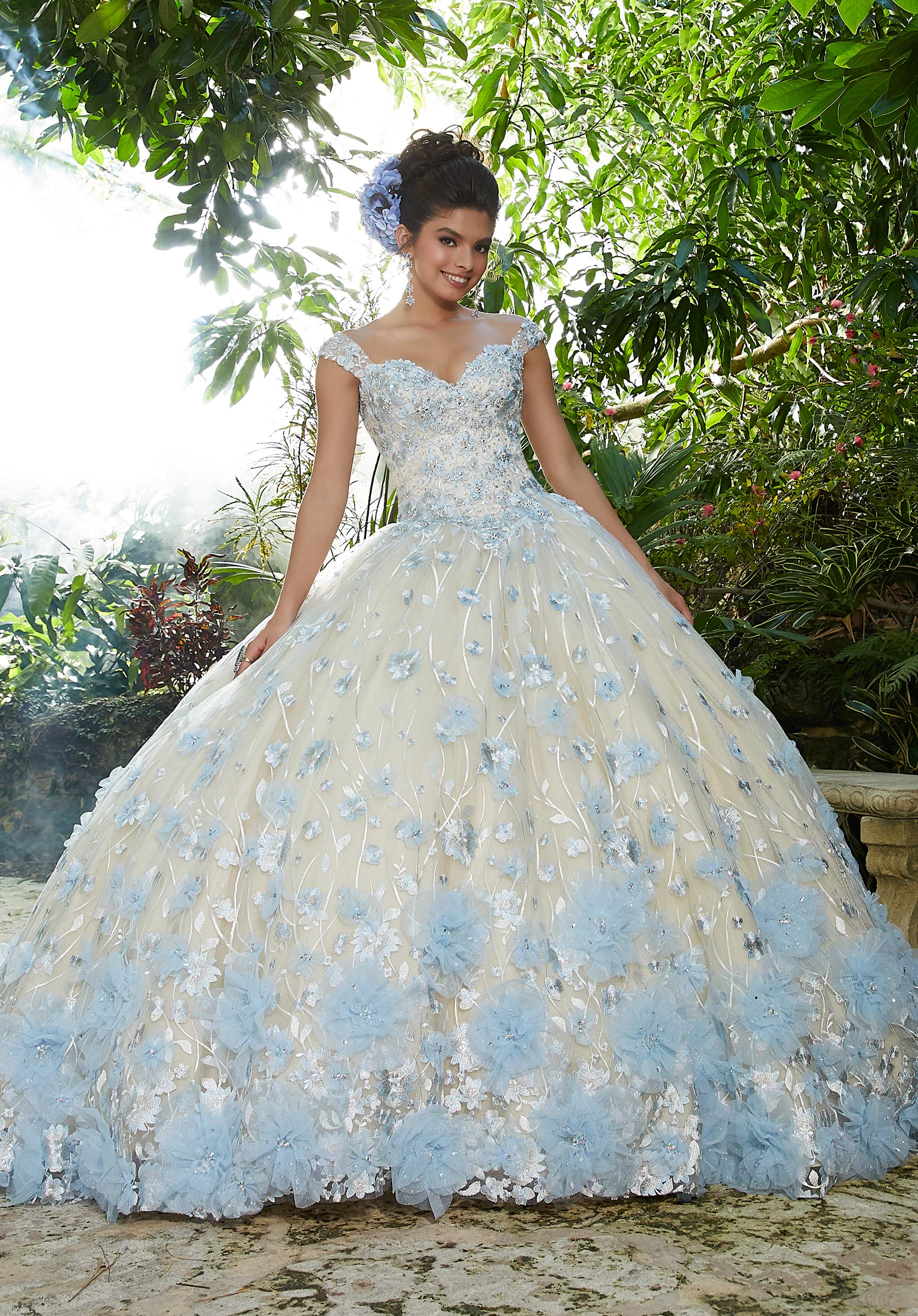 Crystal Beaded, Allover Floral Embroidered Pattern on a Tulle Ballgown