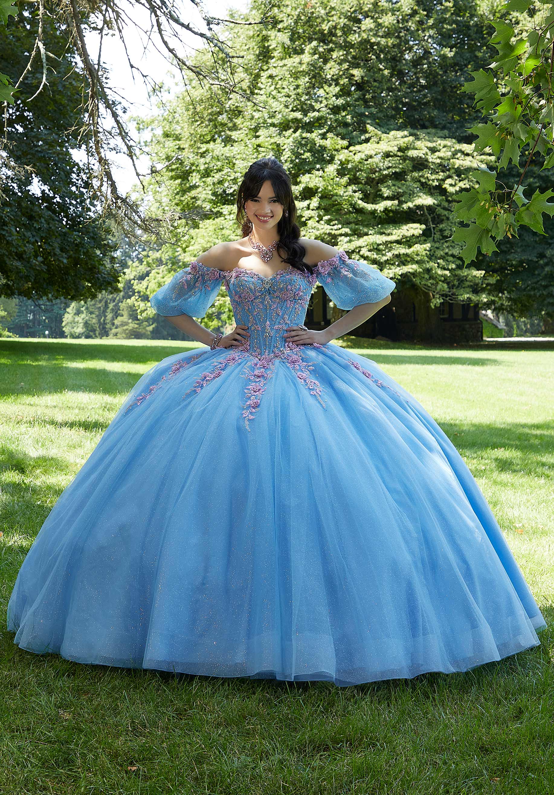 Three-Dimensional Floral Embroidered Quineañera Dress with Jewel Beading