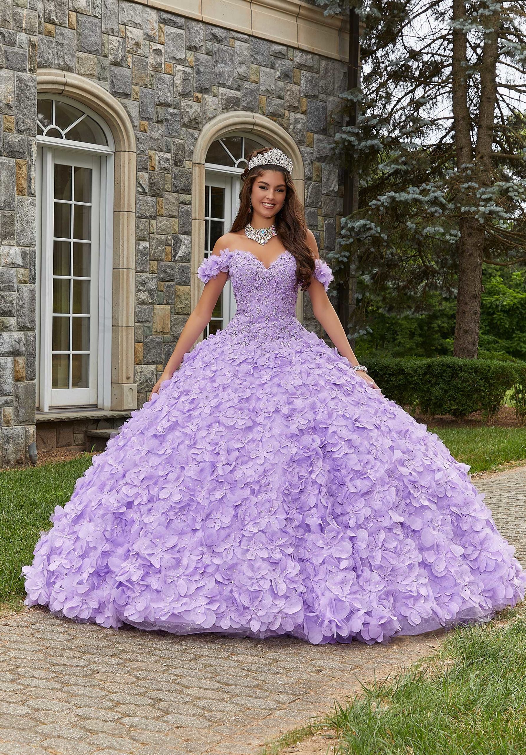 Crystal Beaded Lace Quinceañera Dress with Floral Skirt
