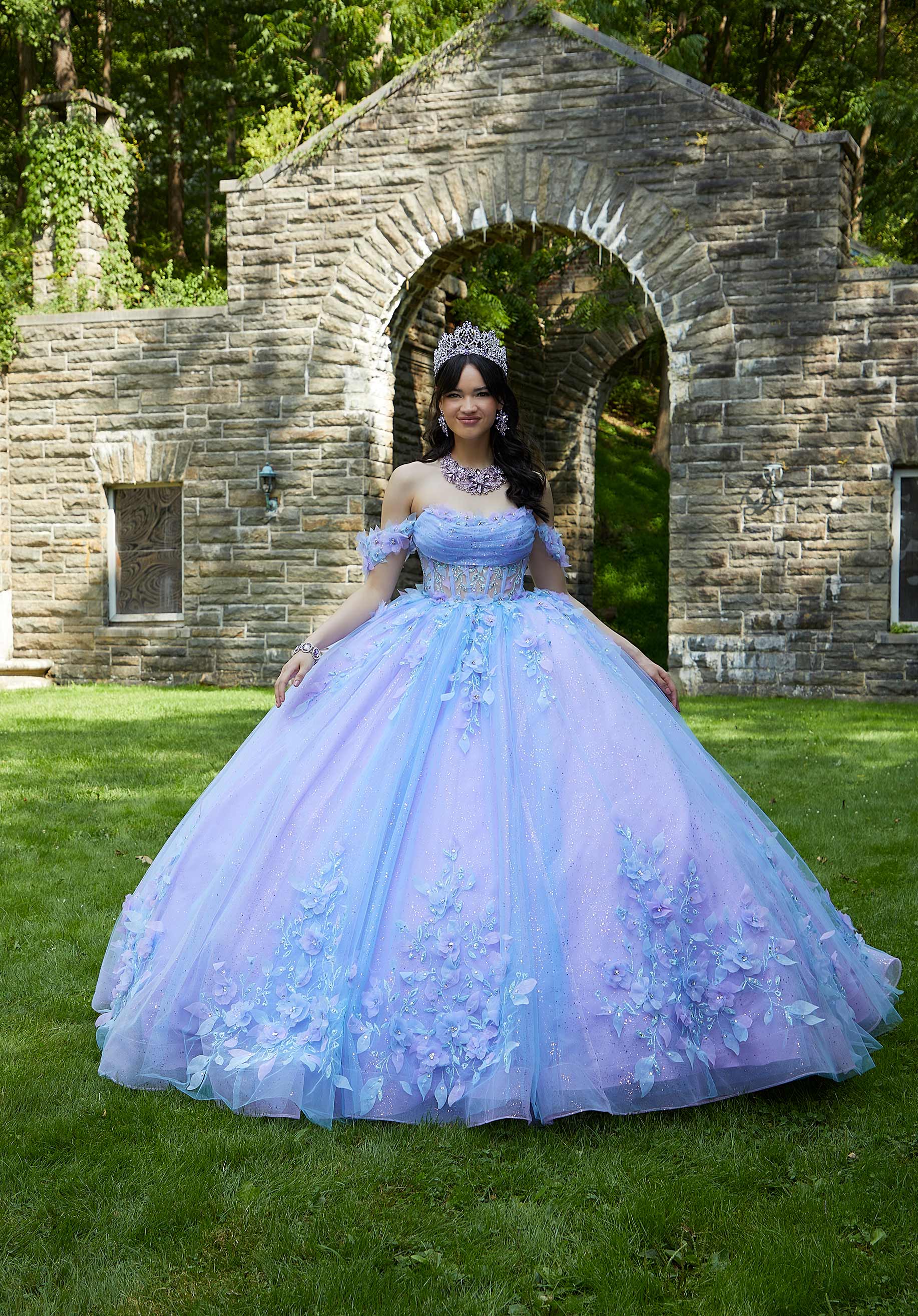 Sheer Bodice Quinceañera Dress with Three-Dimensional Floral Embroidery