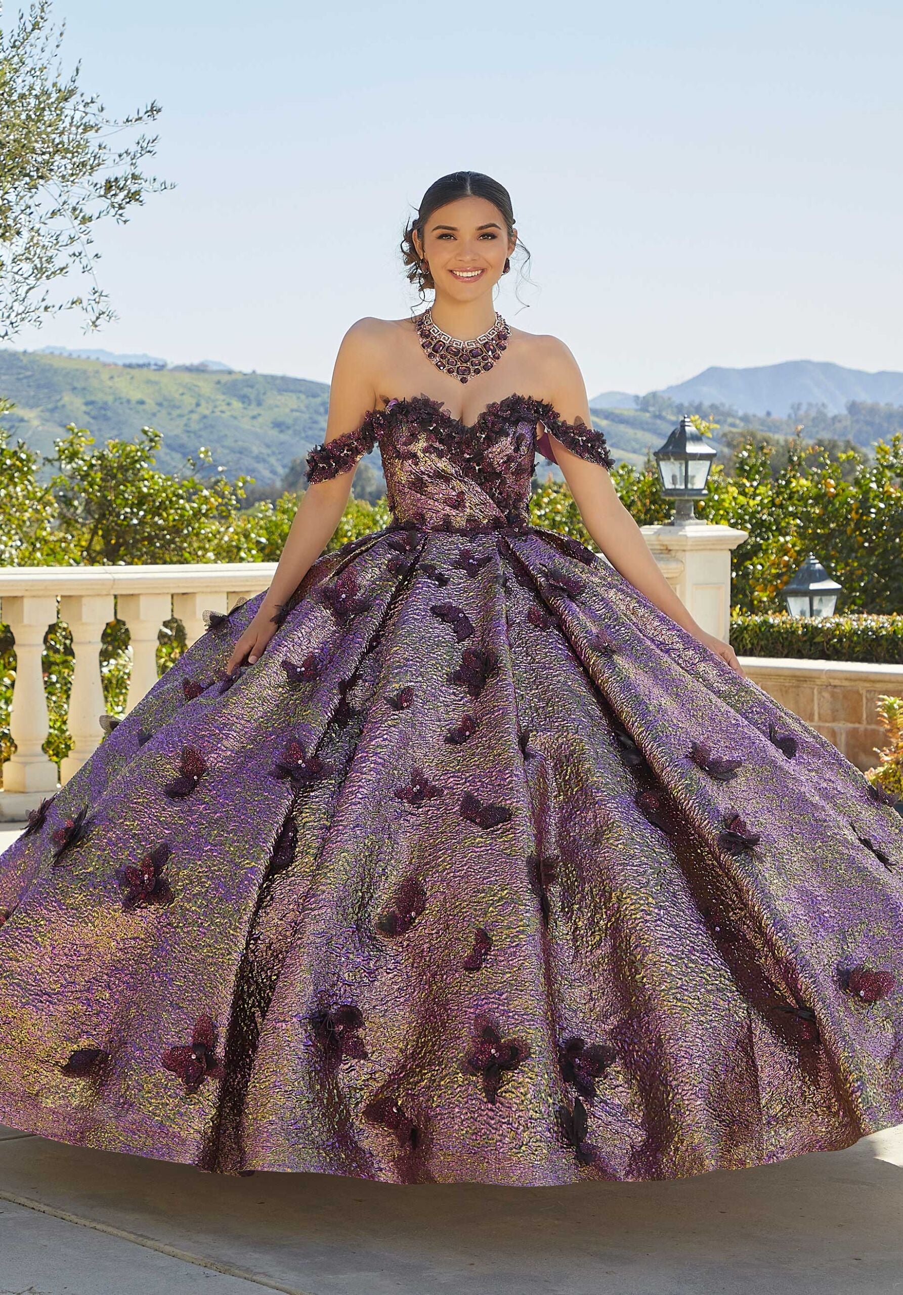 Metallic Brocade Quinceañera Dress with Butterflies