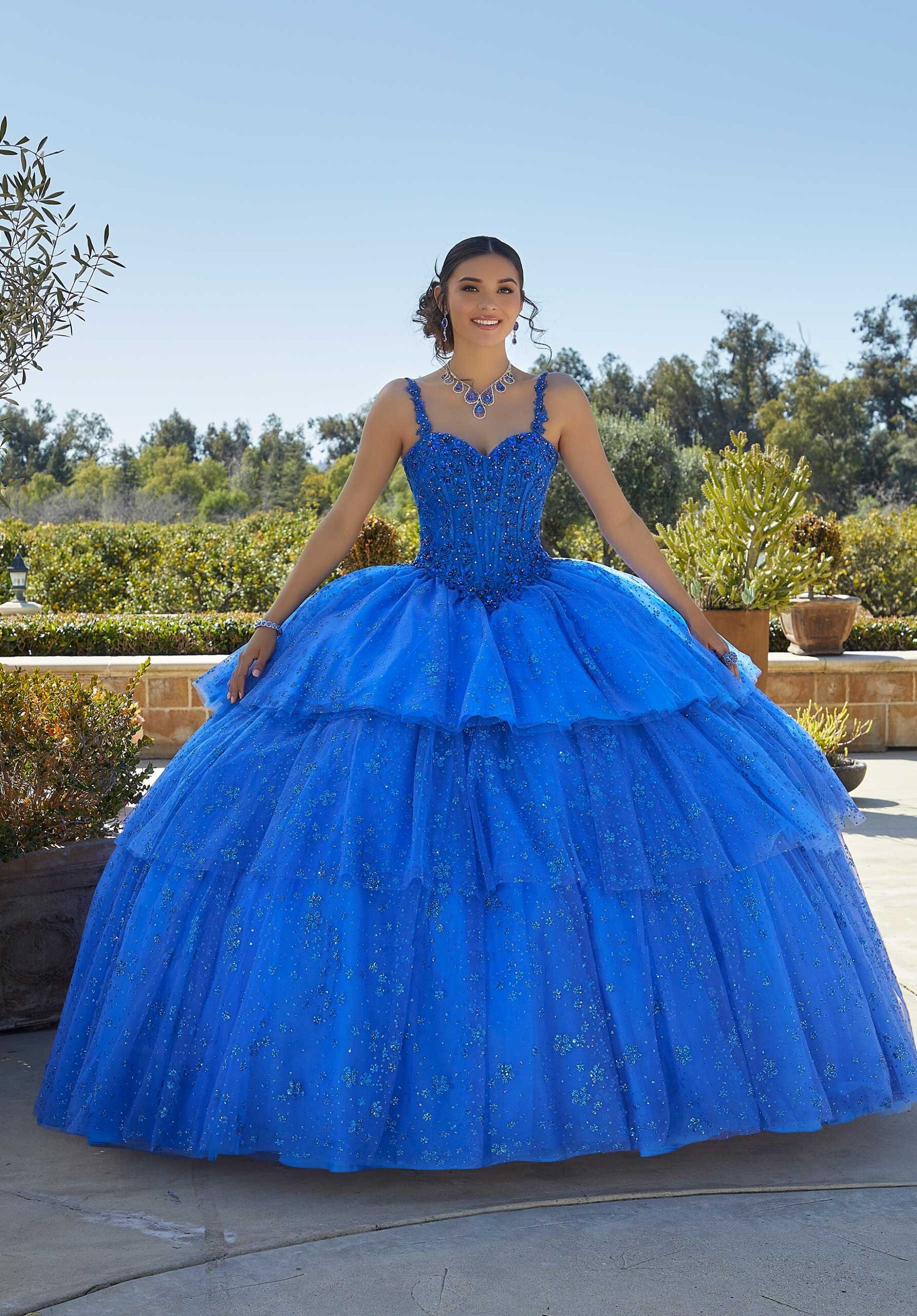 Tiered Printed Glitter Quineañera Dress