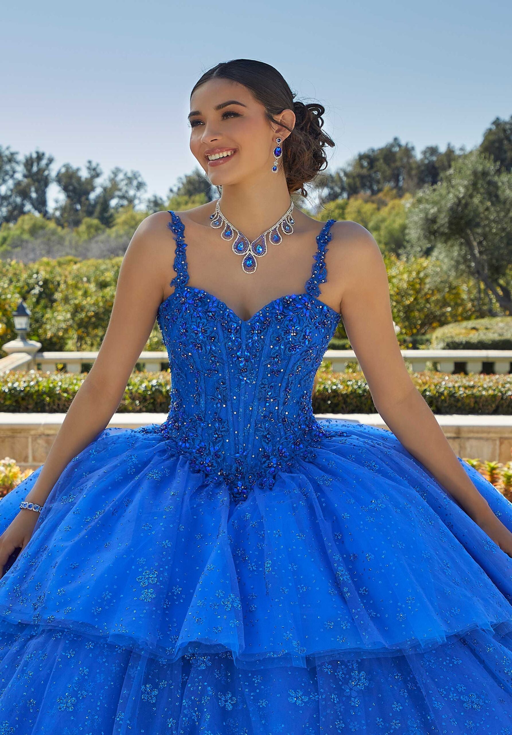 Tiered Printed Glitter Quineañera Dress
