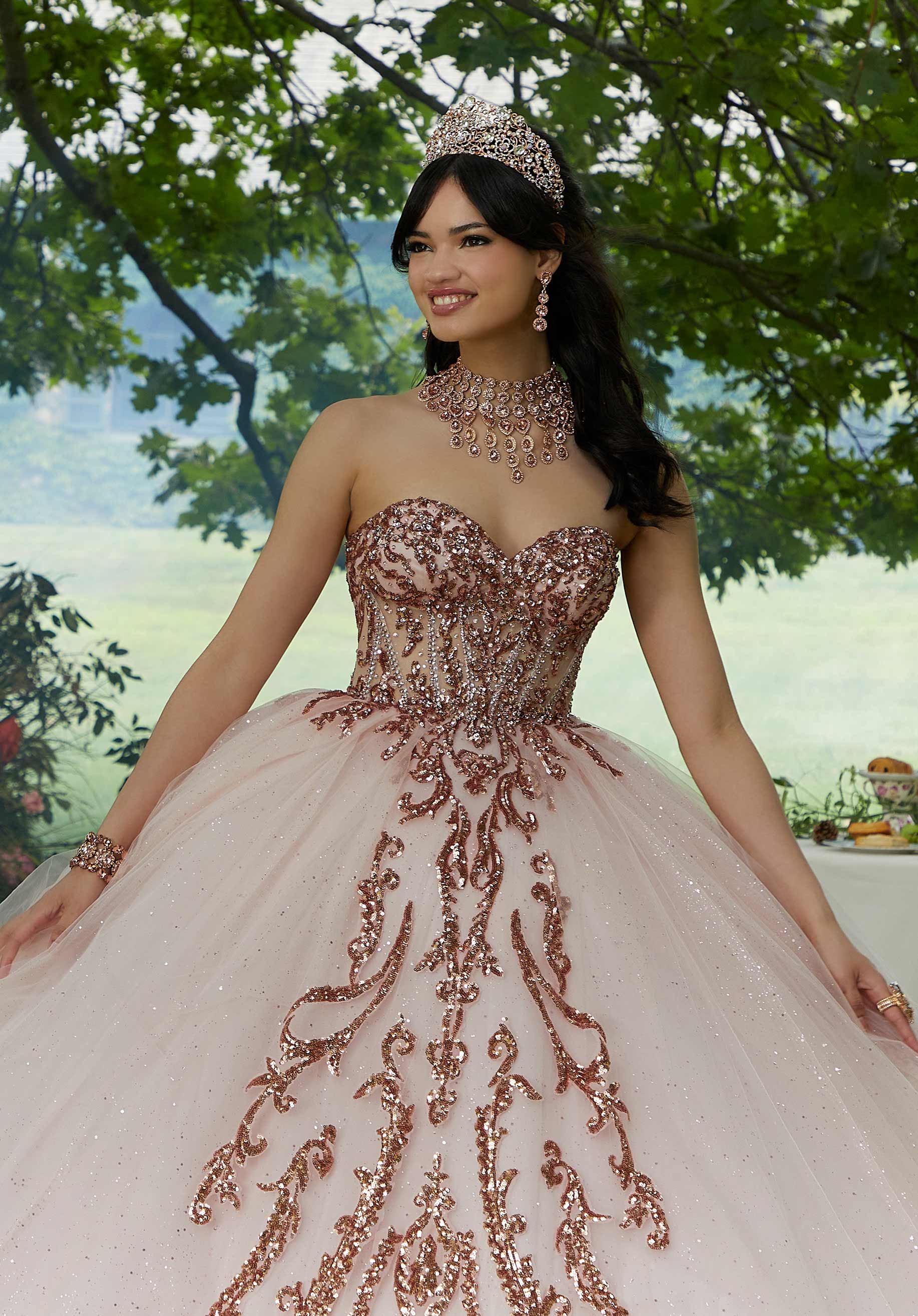 Pattern Sequin Rhinestone and Crystal Beaded Quicneañera Dress