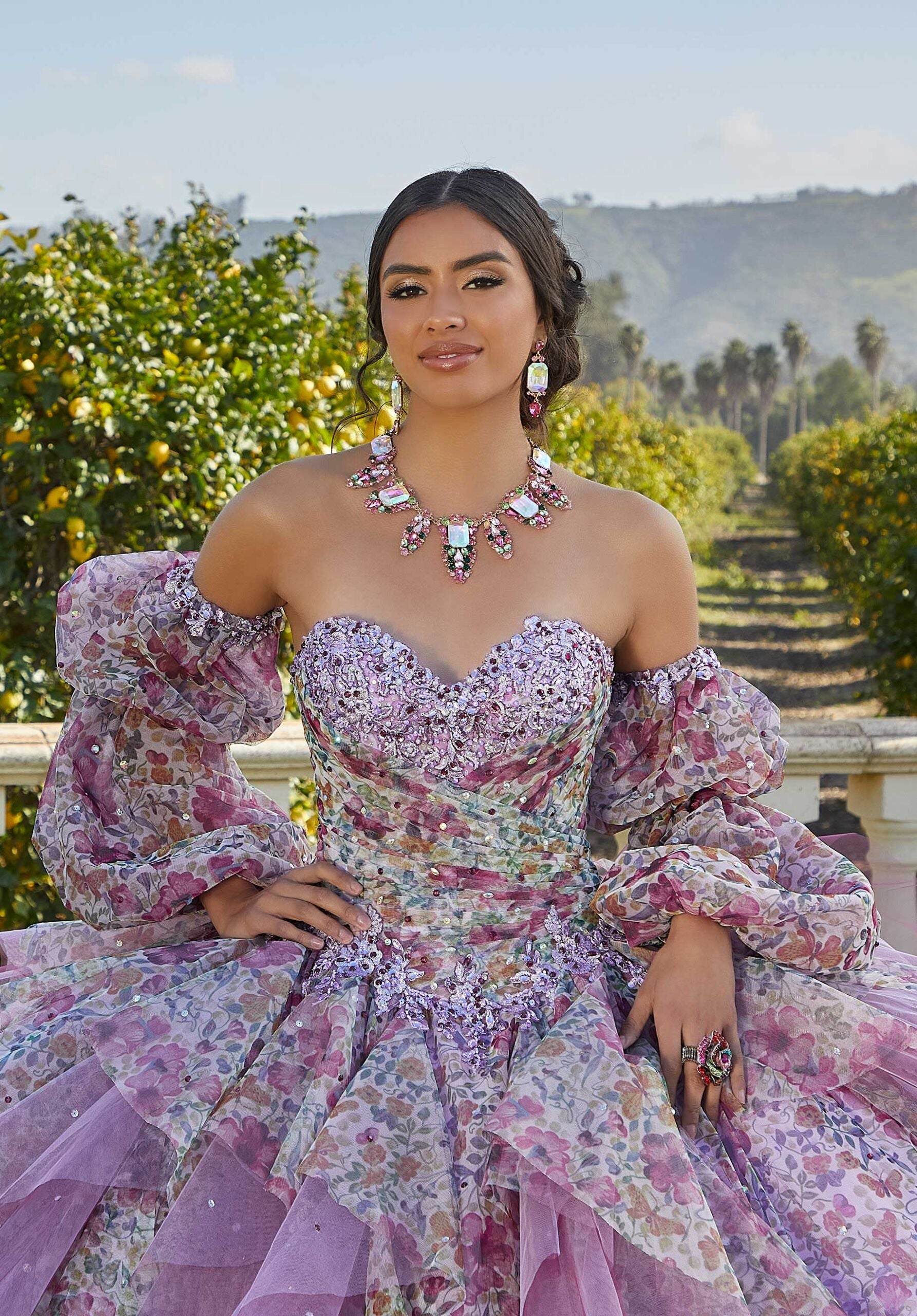 Floral Printed Tulle Quinceañera Dress