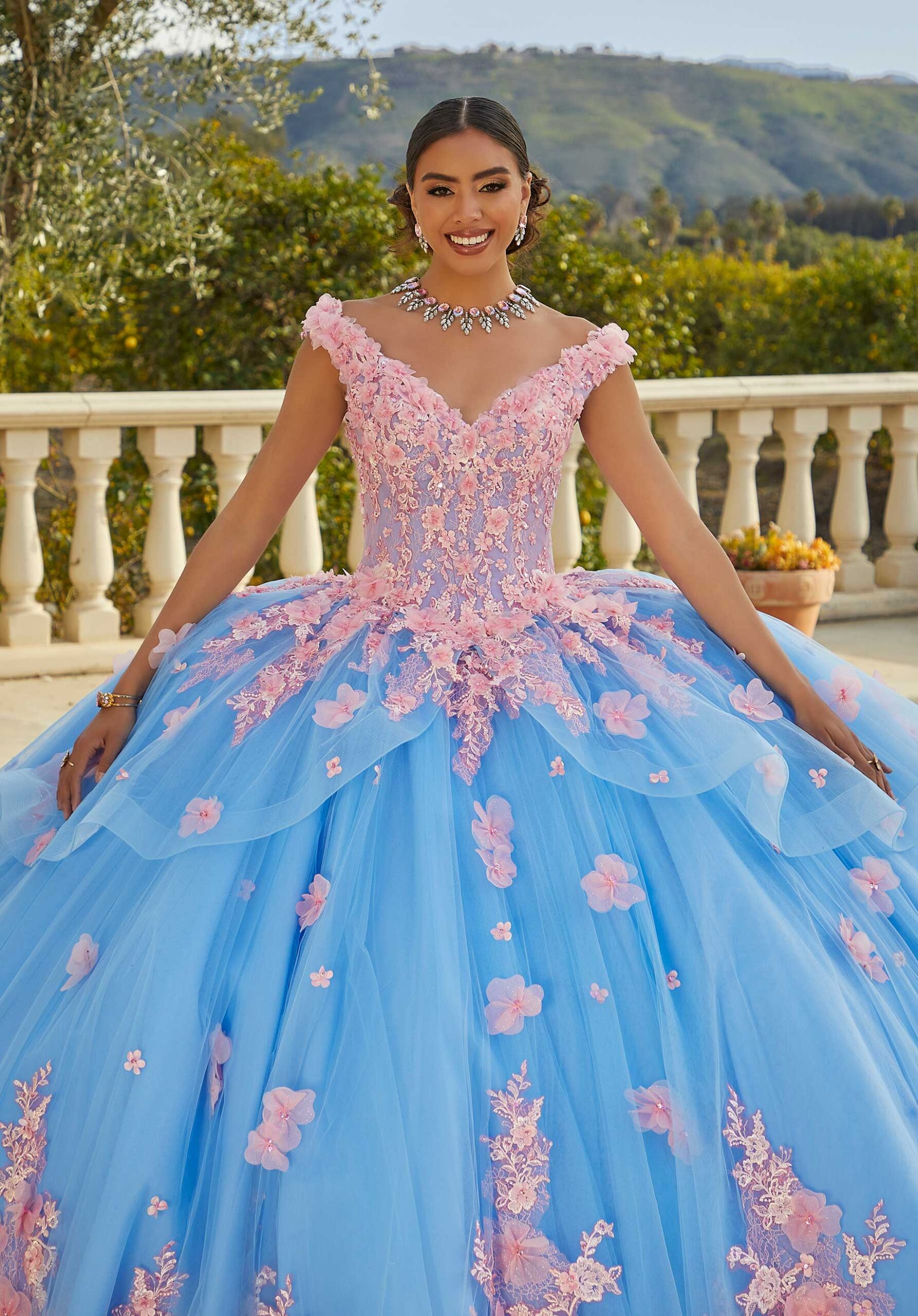 Contrasting Floral Applique Quinceañera Dress