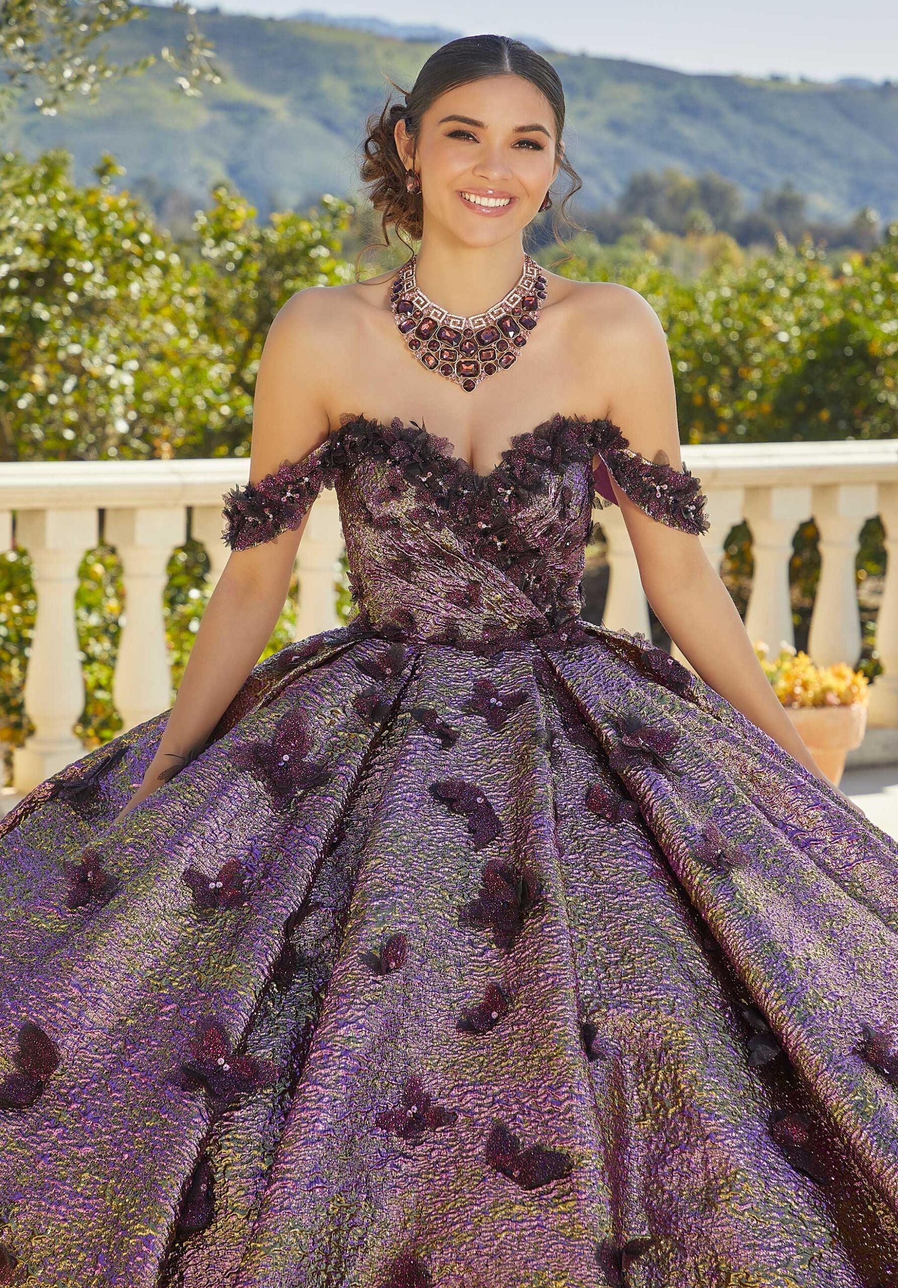 Metallic Brocade Quinceañera Dress with Butterflies