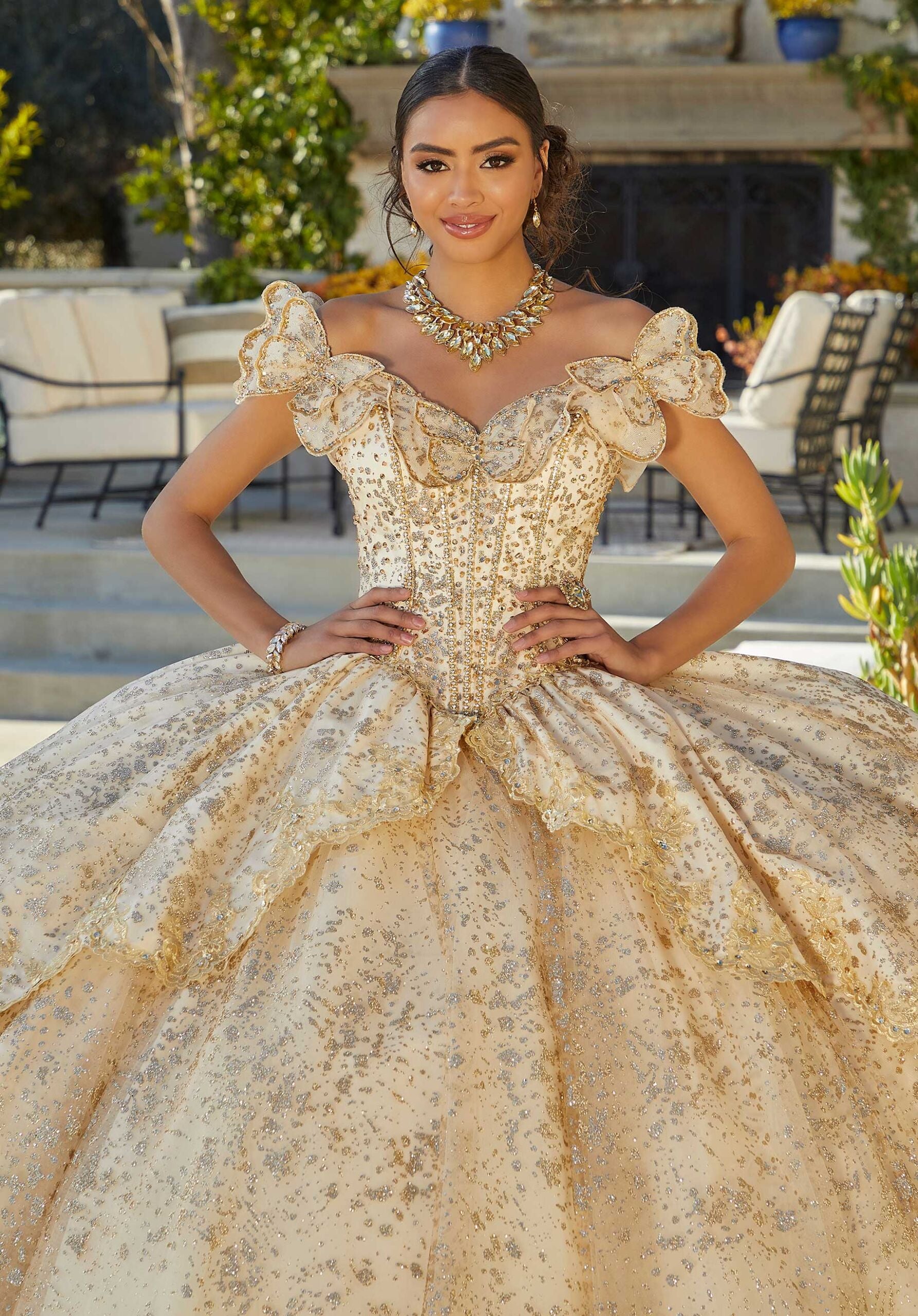 Crystal Beaded Quinceañera Dress with Butterfly Neckline