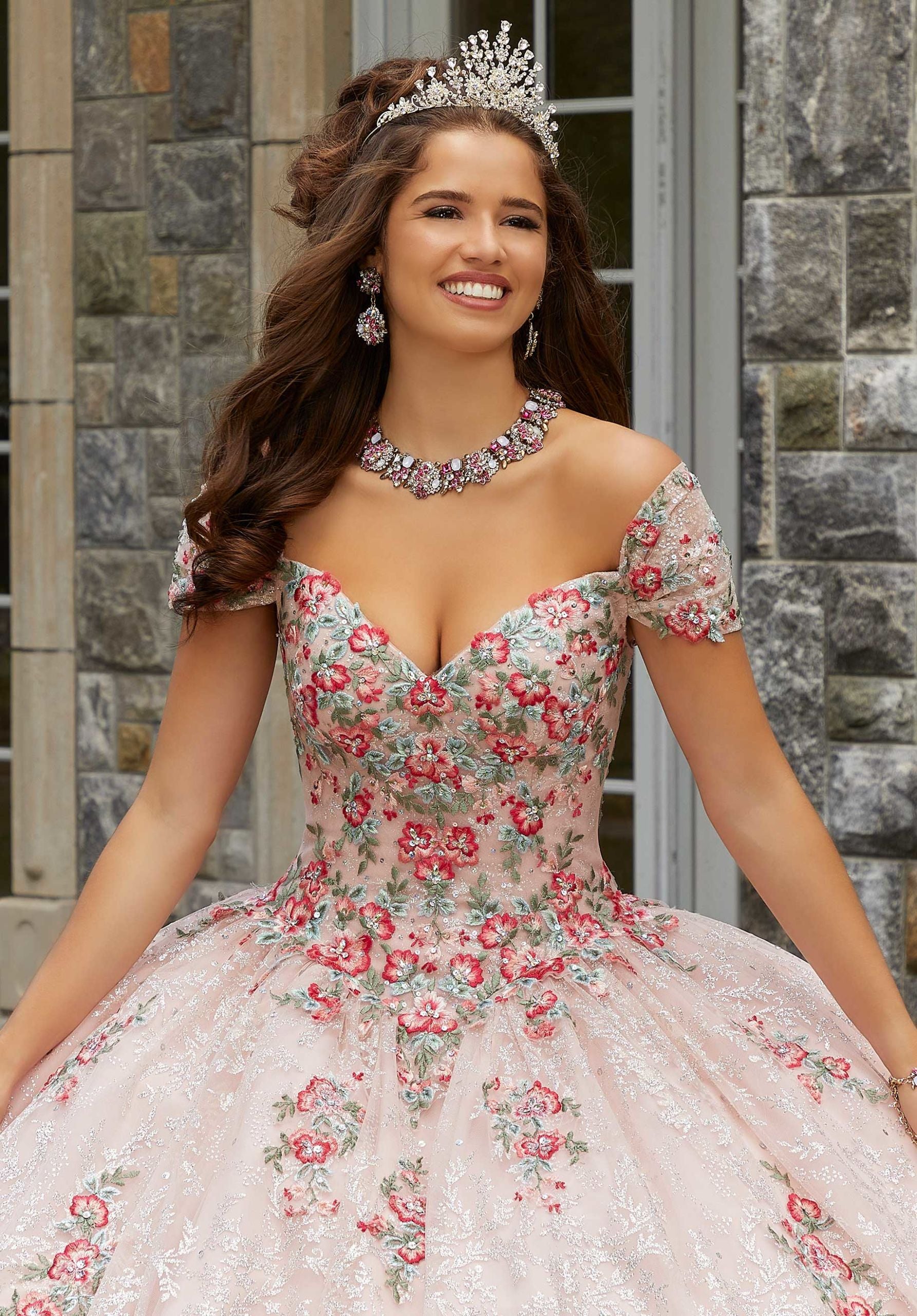 Contrasting Floral Embroidered Quinceañera Dress