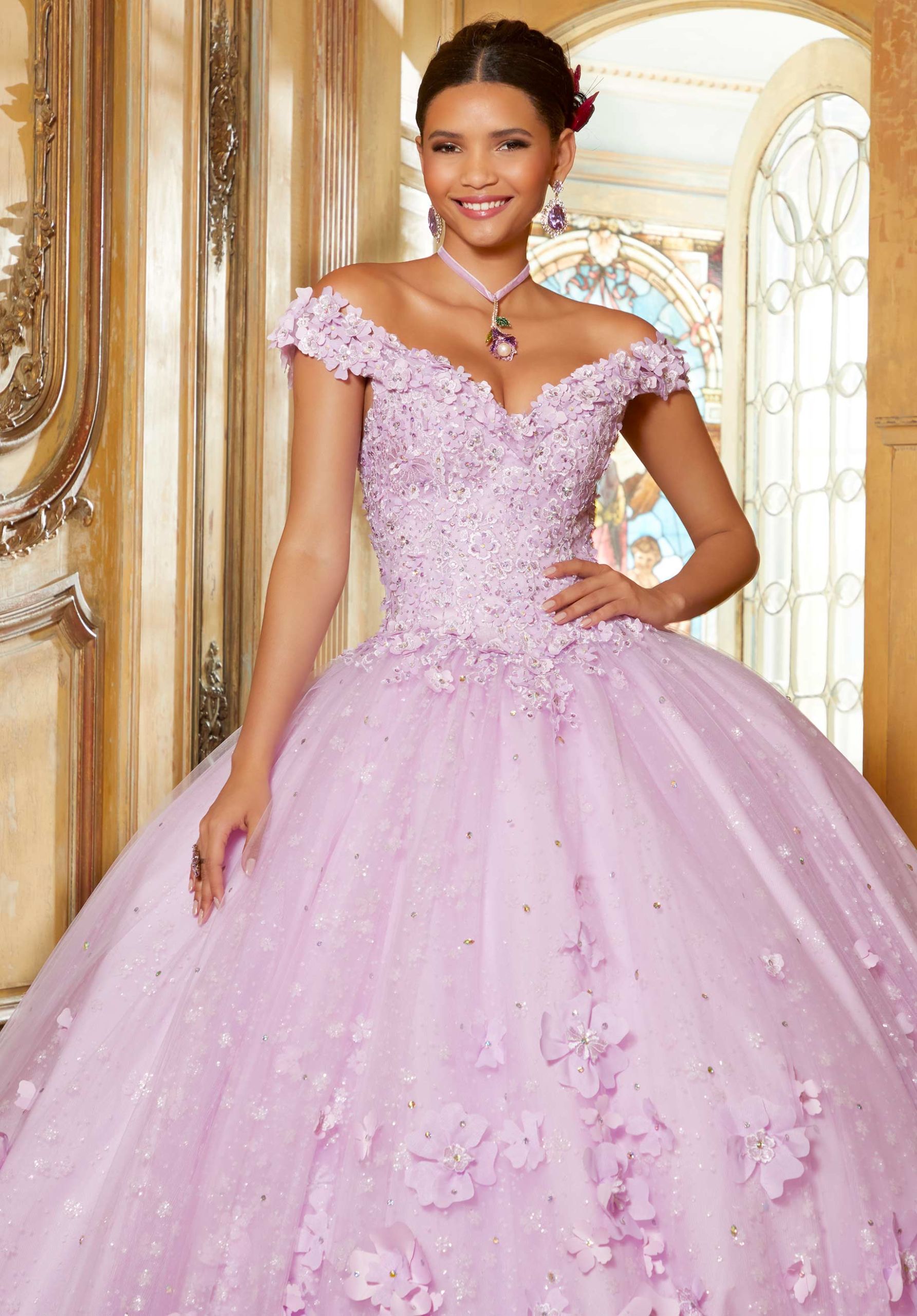 Floral Patterned Glitter Quinceañera Dress