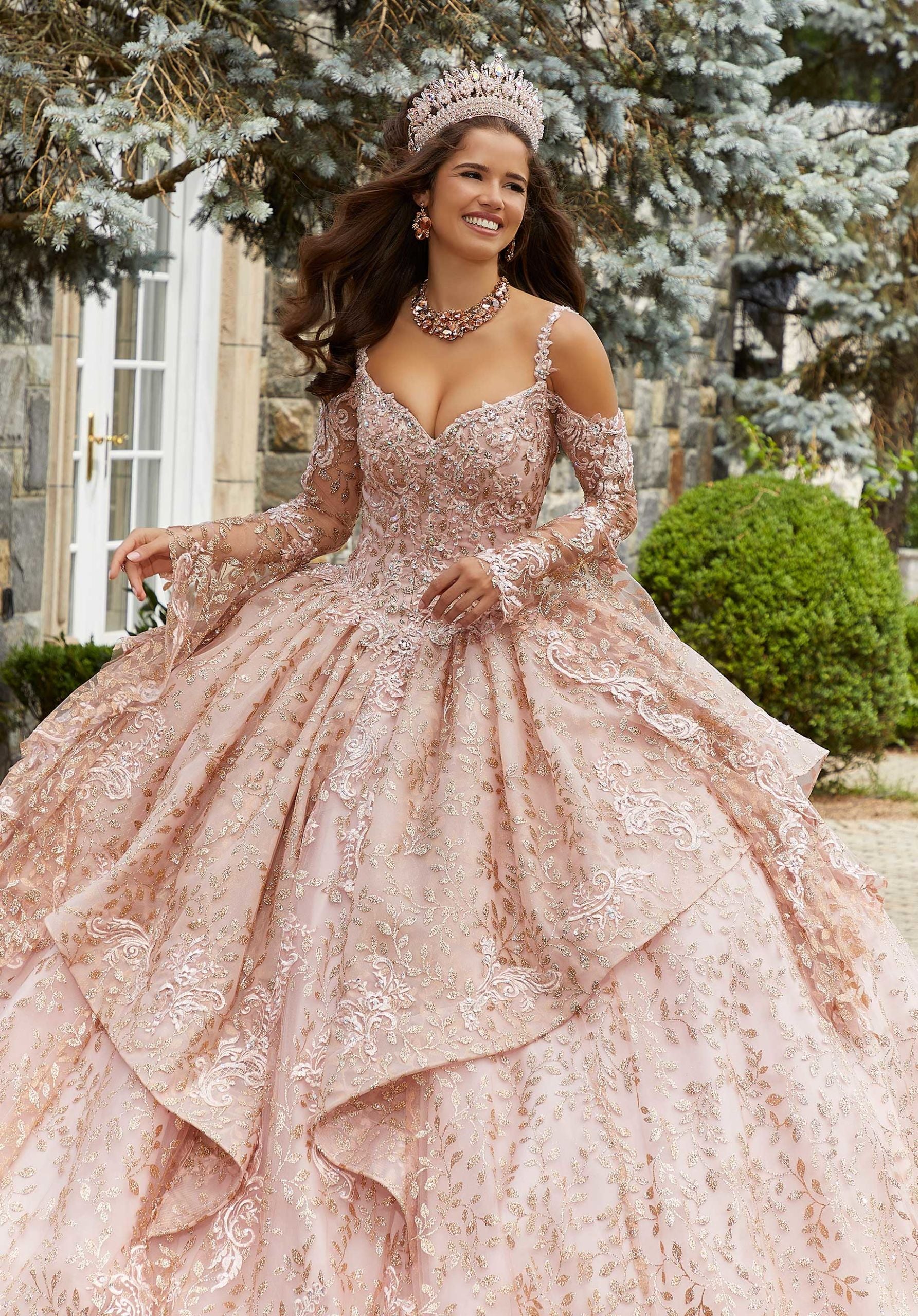 Rhinestone and Crystal Beaded Patterned Glitter Quinceañera Dress