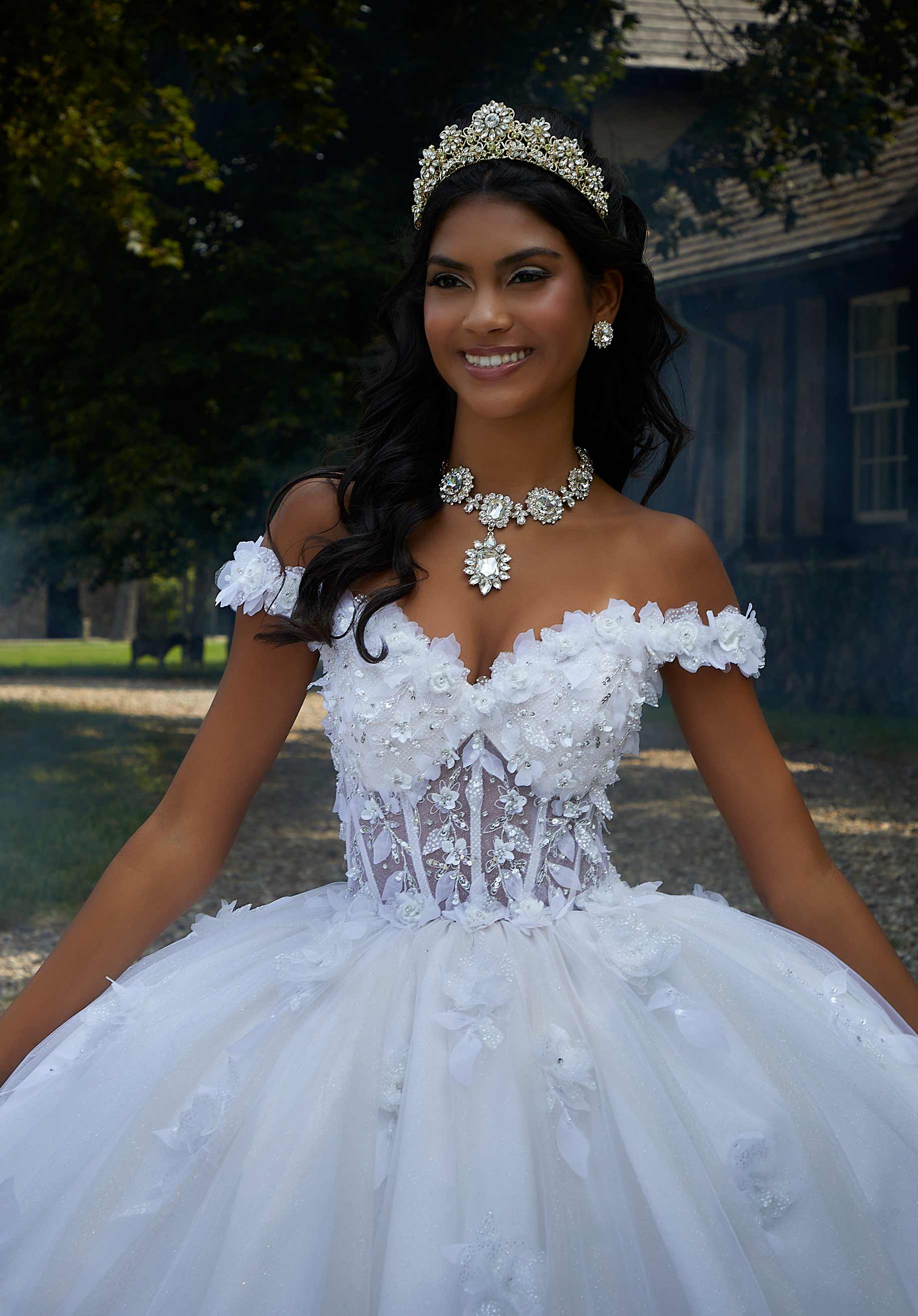 Crystal Beaded Three-Dimensional Embroidered Quinceañera Dress with Sheer Bodice