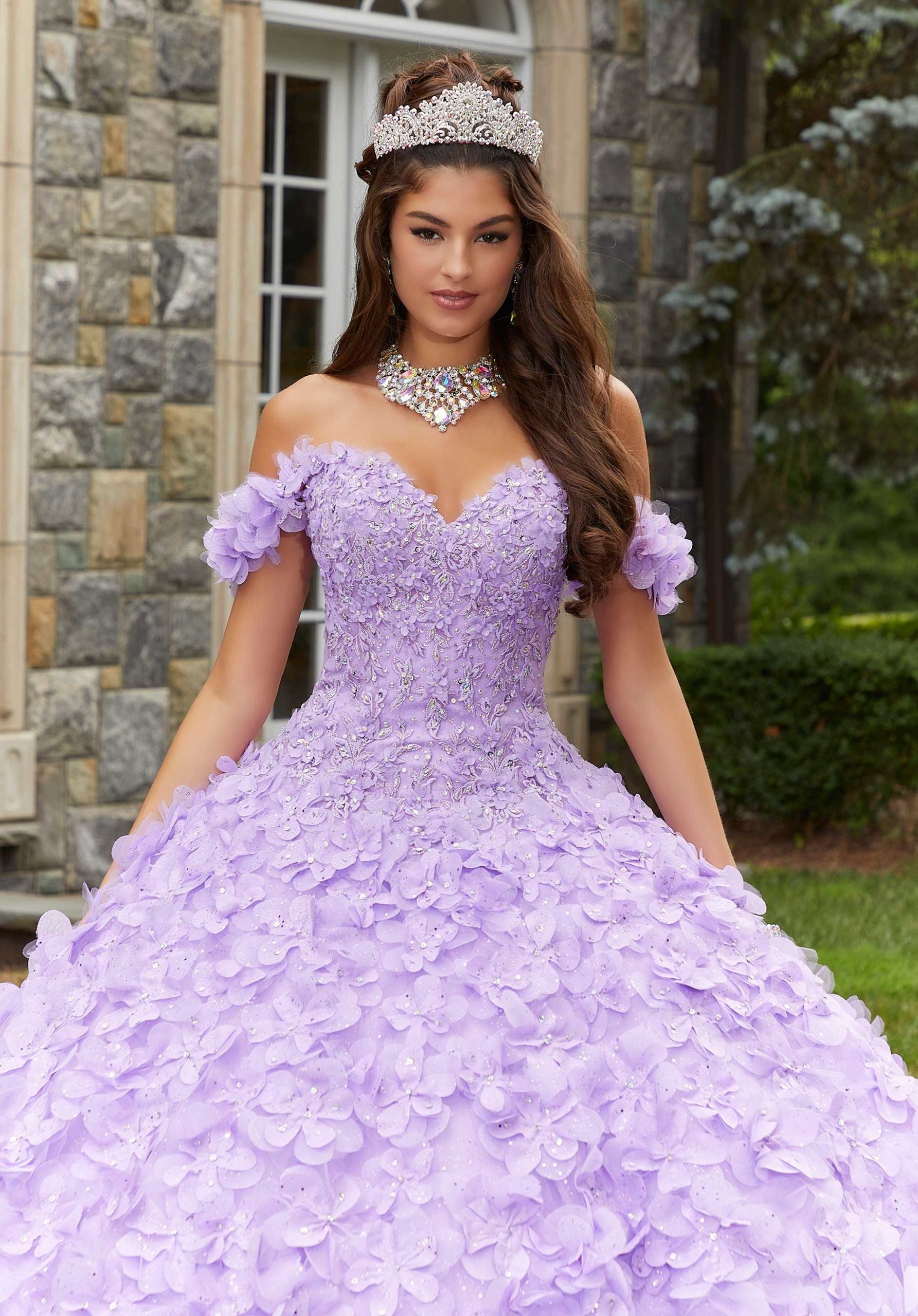 Crystal Beaded Lace Quinceañera Dress with Floral Skirt