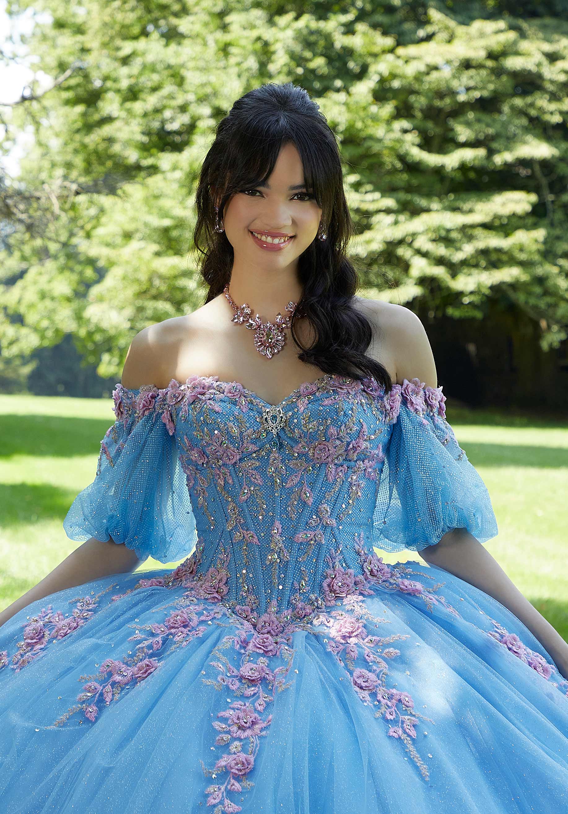 Three-Dimensional Floral Embroidered Quineañera Dress with Jewel Beading