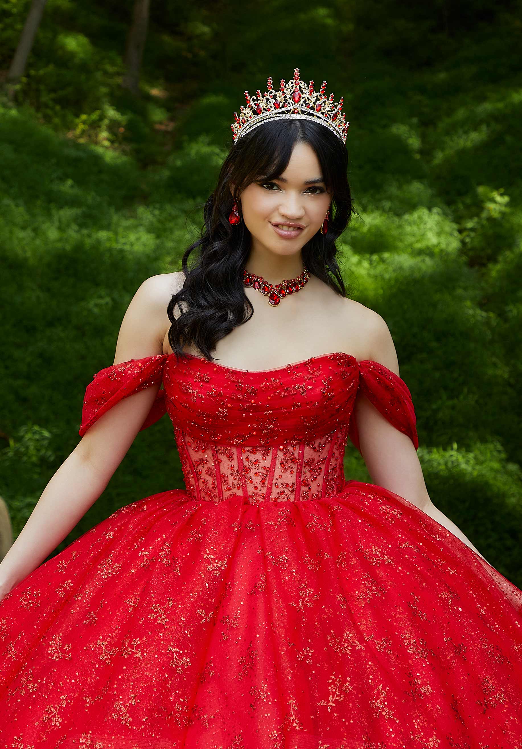 Patterned Glitter and Crystal Beaded Quinceañera Dress with Sheer Bodice