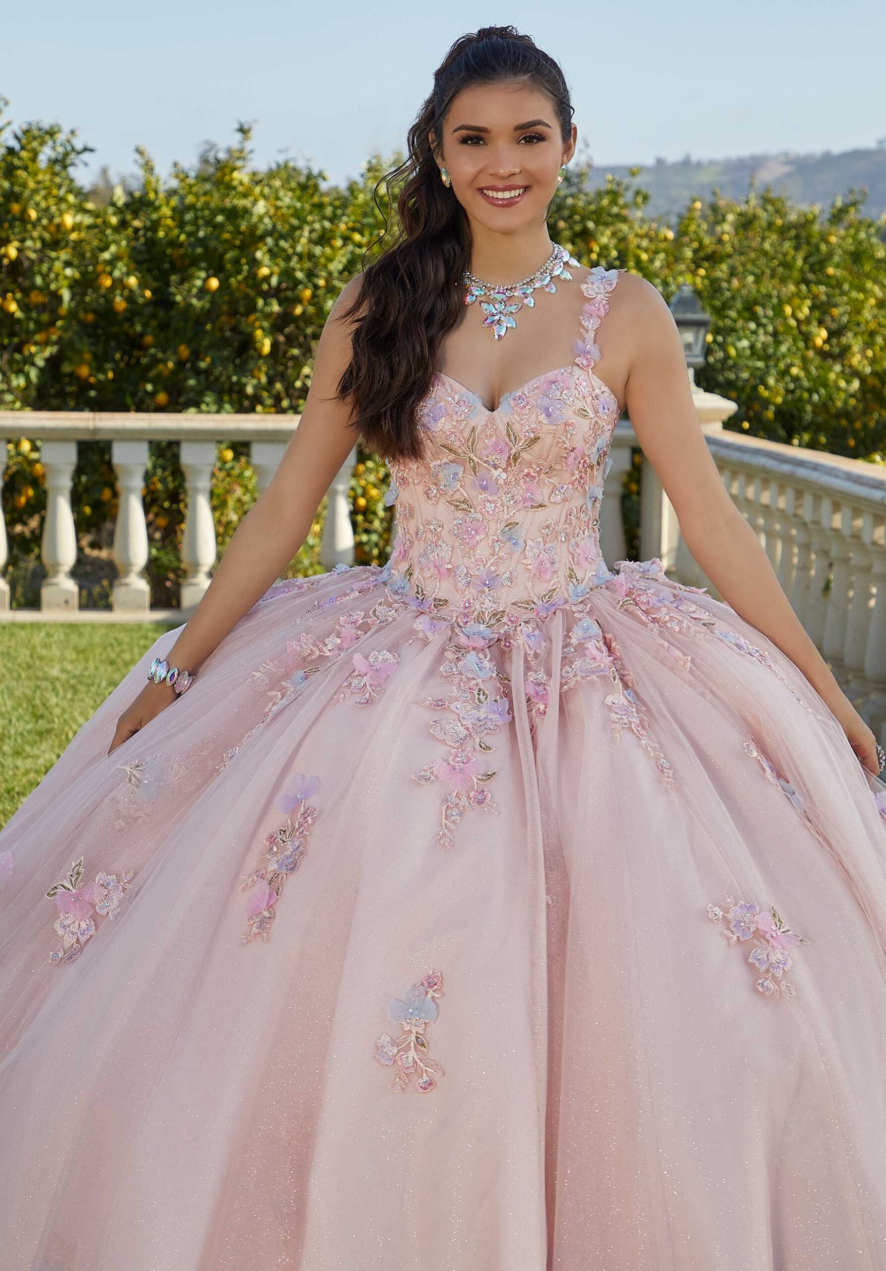 Contrasting Three-Dimensional Floral Embroidered Quinceañera Dress