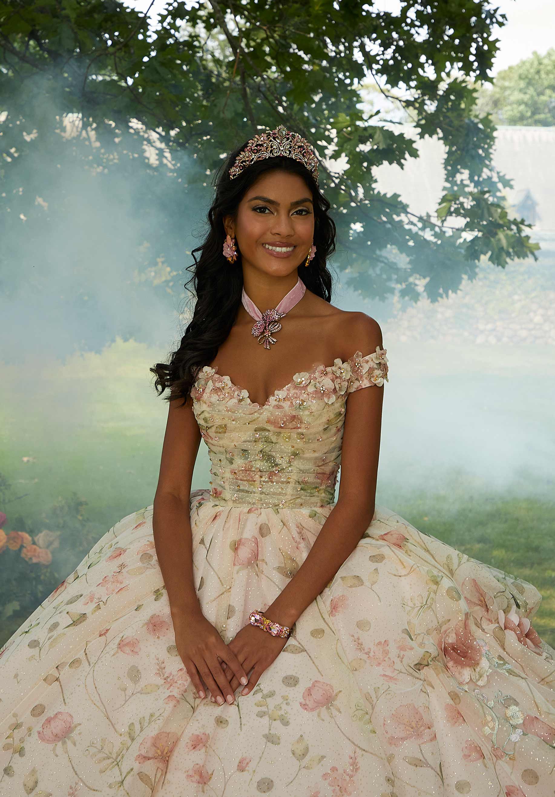 Floral Printed Quinceañera Dress with Three-Dimensional Flowers