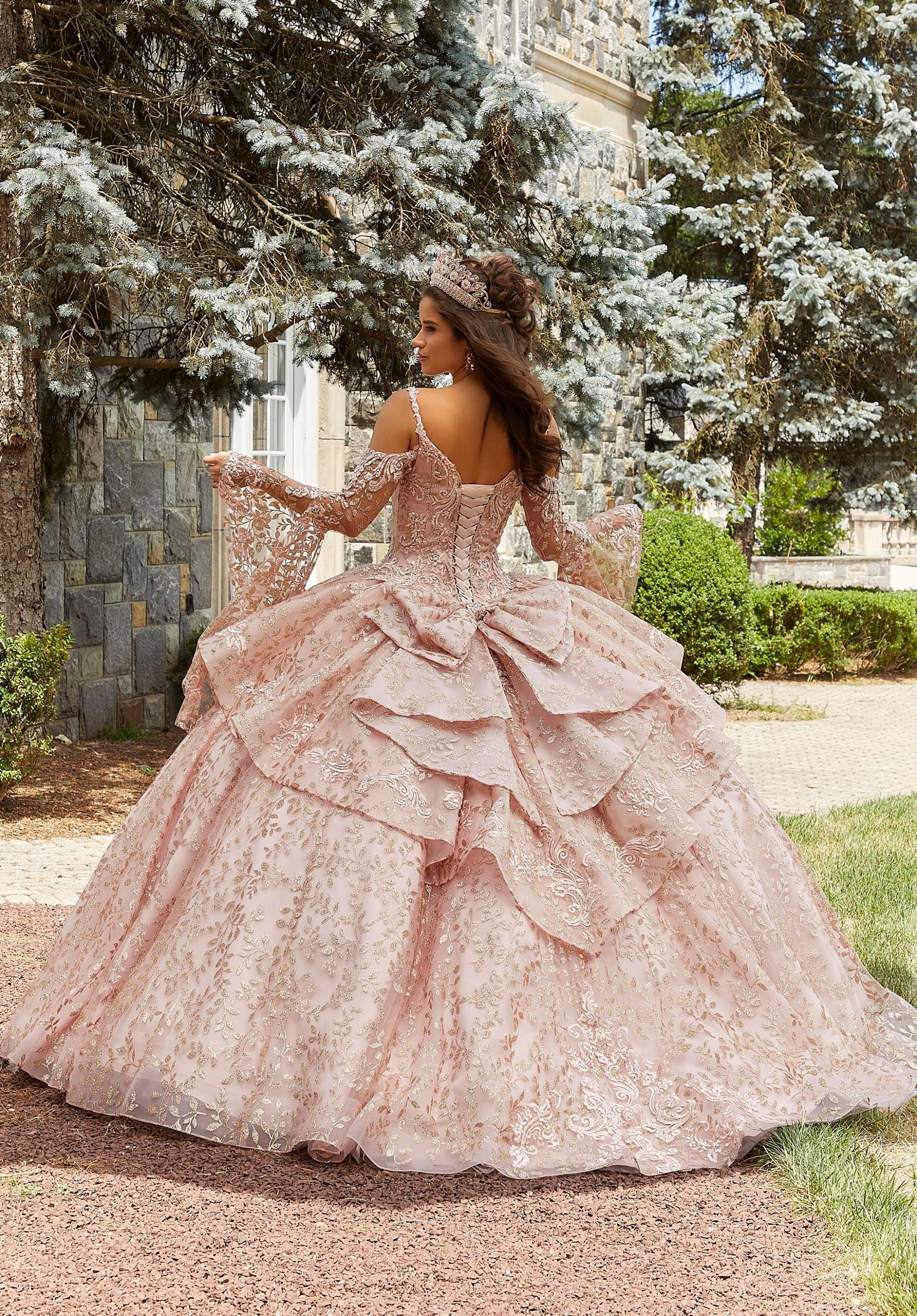 Rhinestone and Crystal Beaded Patterned Glitter Quinceañera Dress