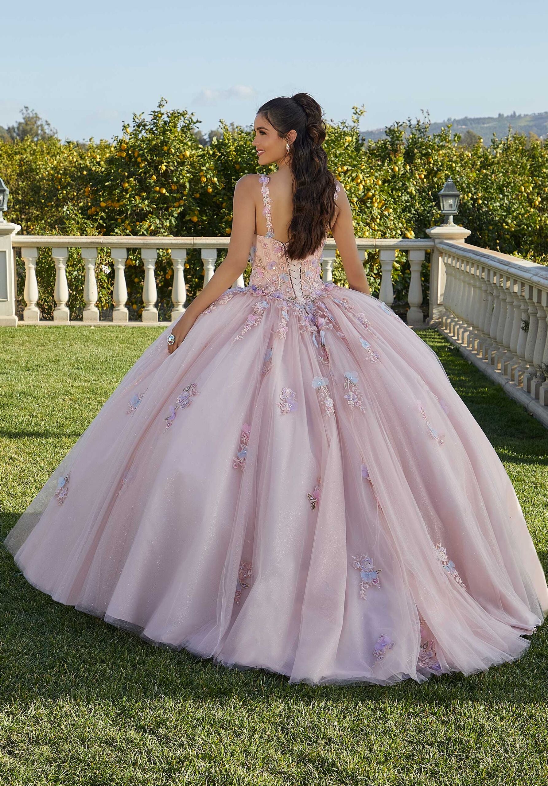 Contrasting Three-Dimensional Floral Embroidered Quinceañera Dress