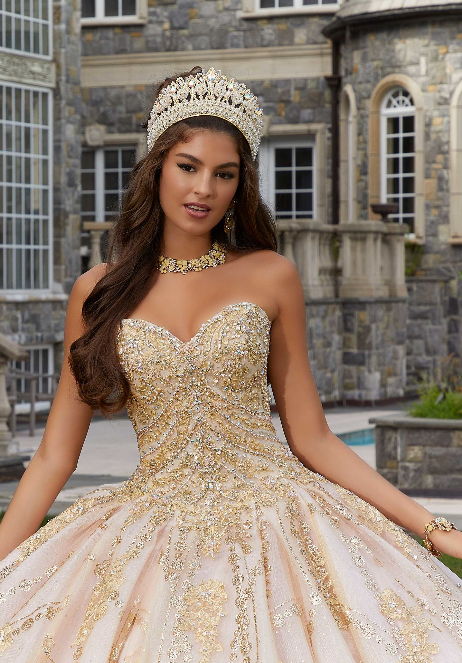 Patterned Glitter Quinceañera Dress with Chandelier Beading