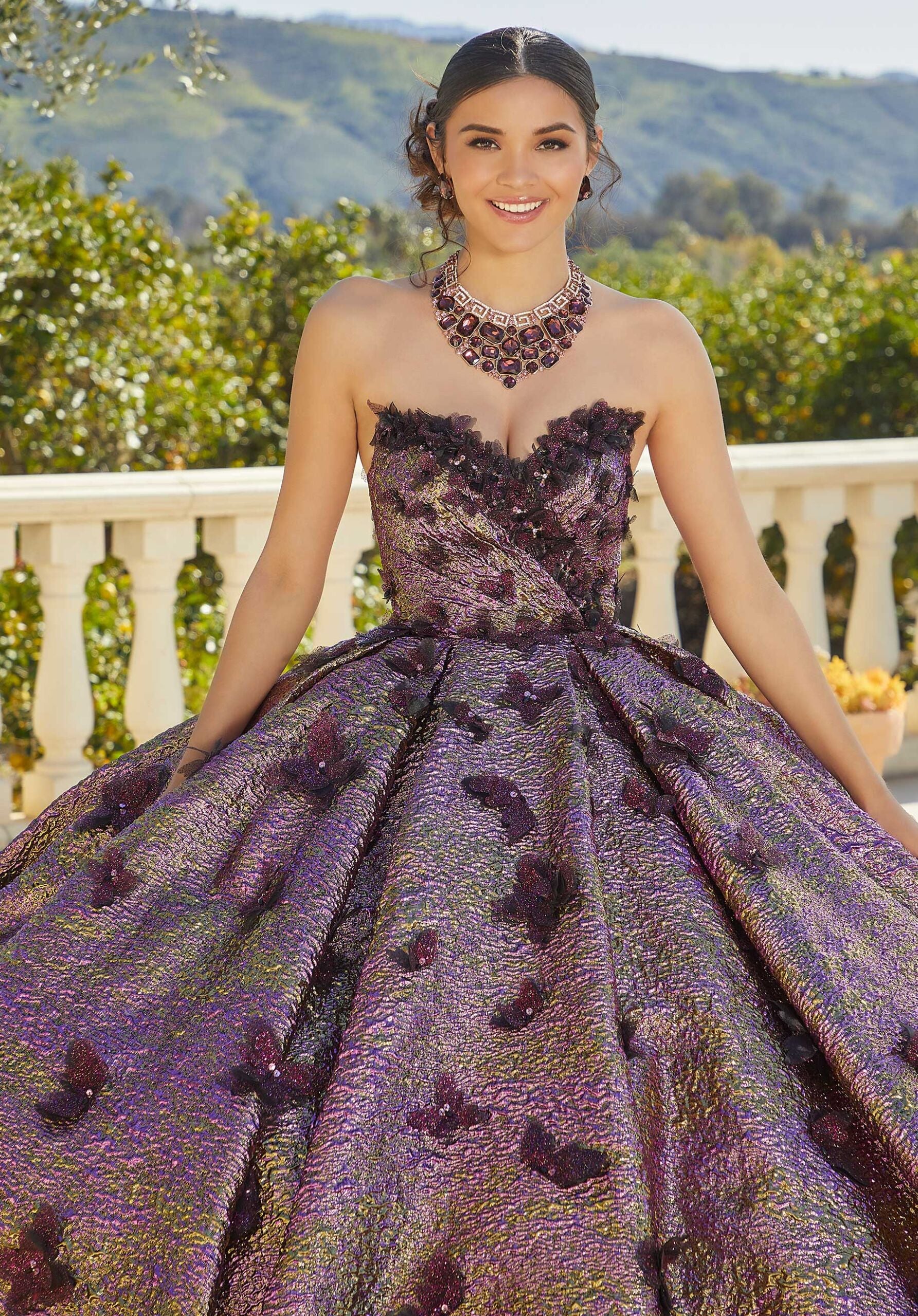Metallic Brocade Quinceañera Dress with Butterflies