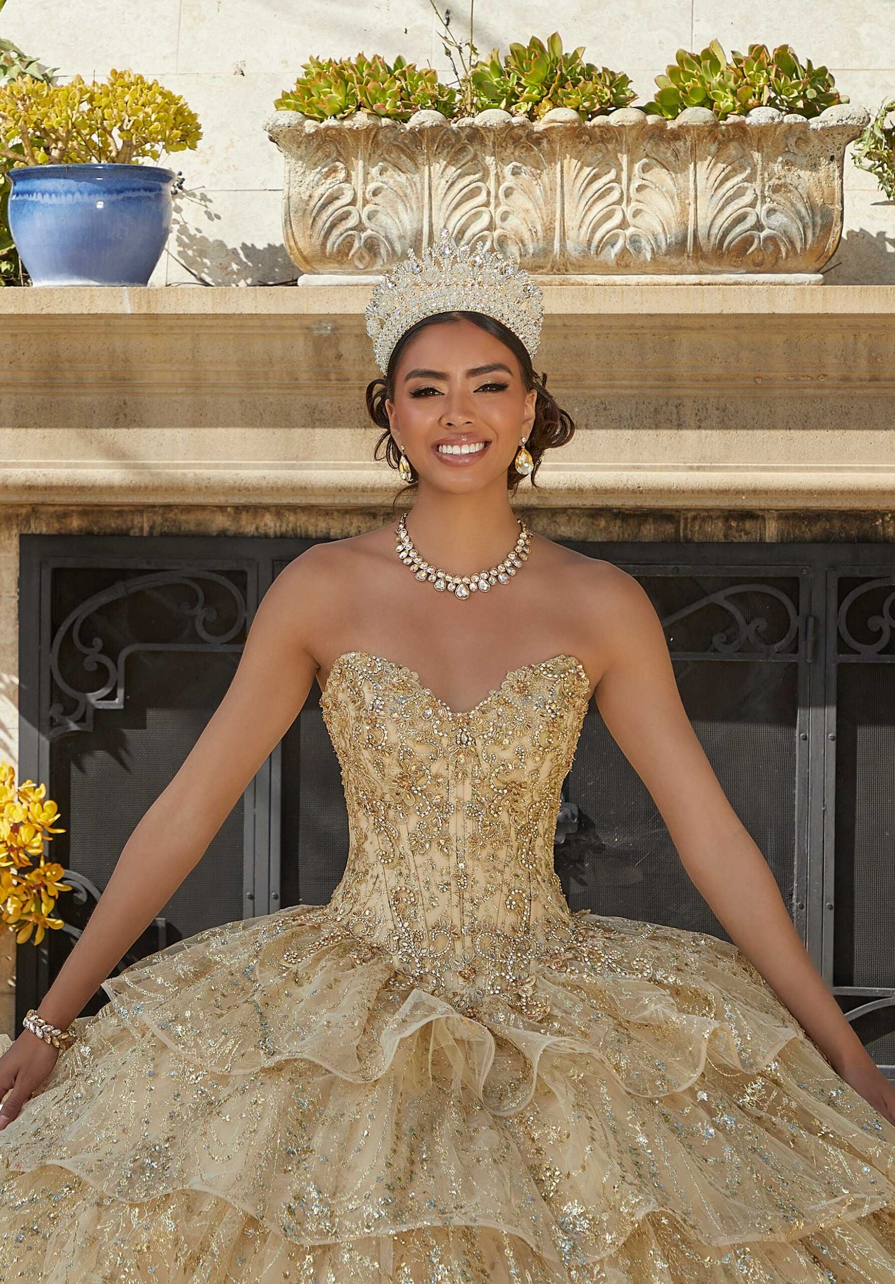 Jeweled and Embroidered Tiered Quinceañera Dress