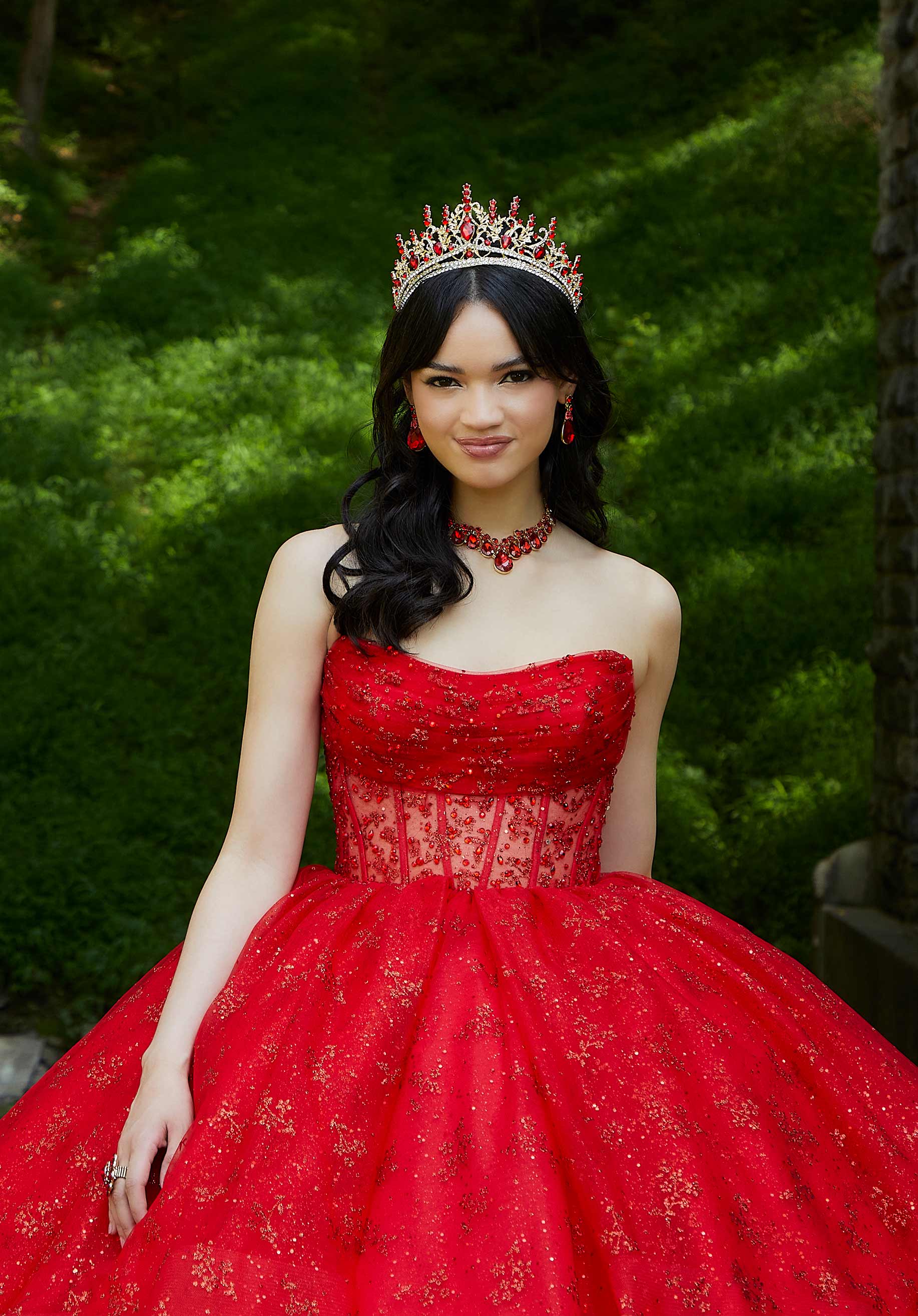 Patterned Glitter and Crystal Beaded Quinceañera Dress with Sheer Bodice