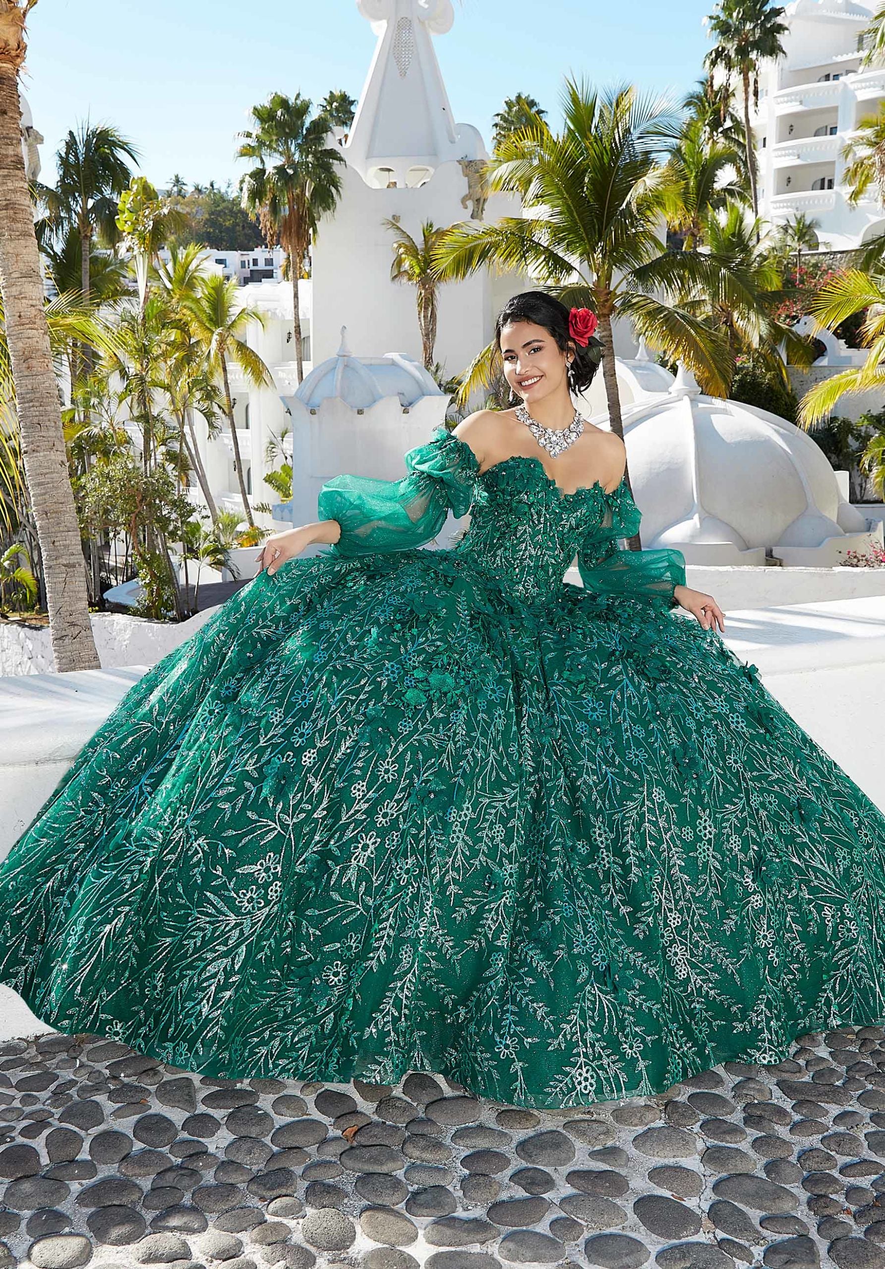 Three-Dimensional Floral Patterned Glitter Quinceañera Dress