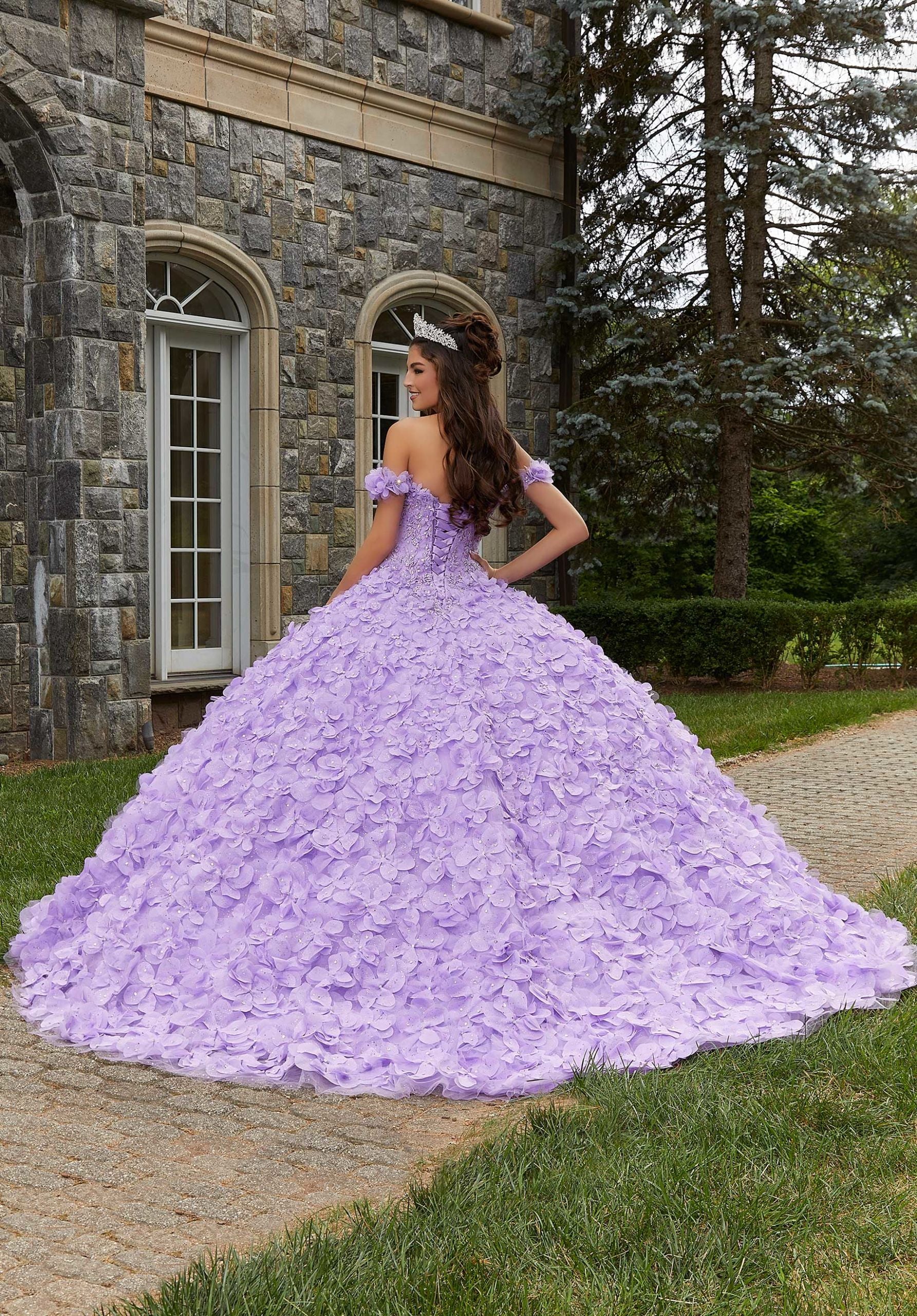 Crystal Beaded Lace Quinceañera Dress with Floral Skirt