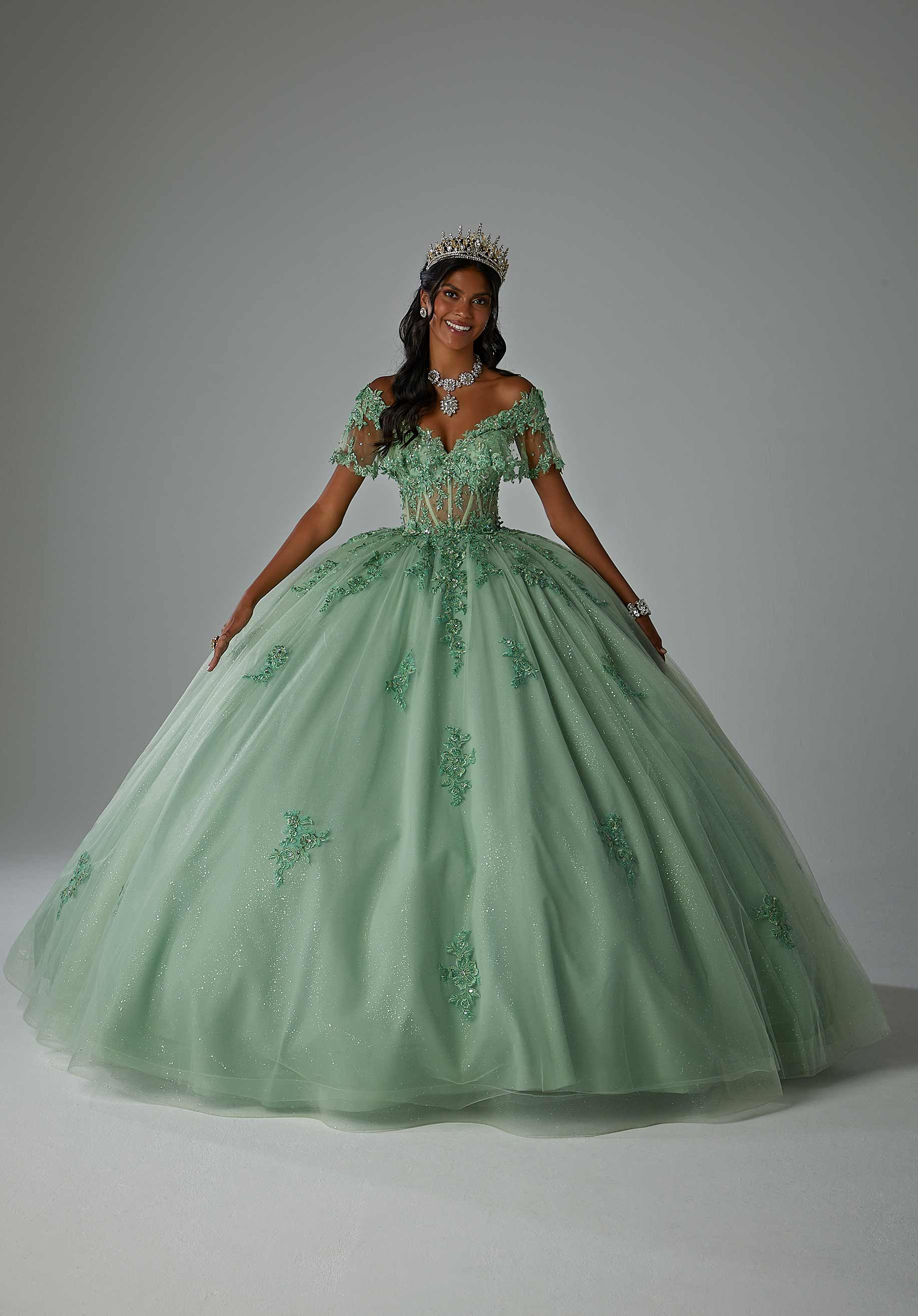 Crystal Beaded Floral Embroidered Quinceañera Dress with Sheer Midriff