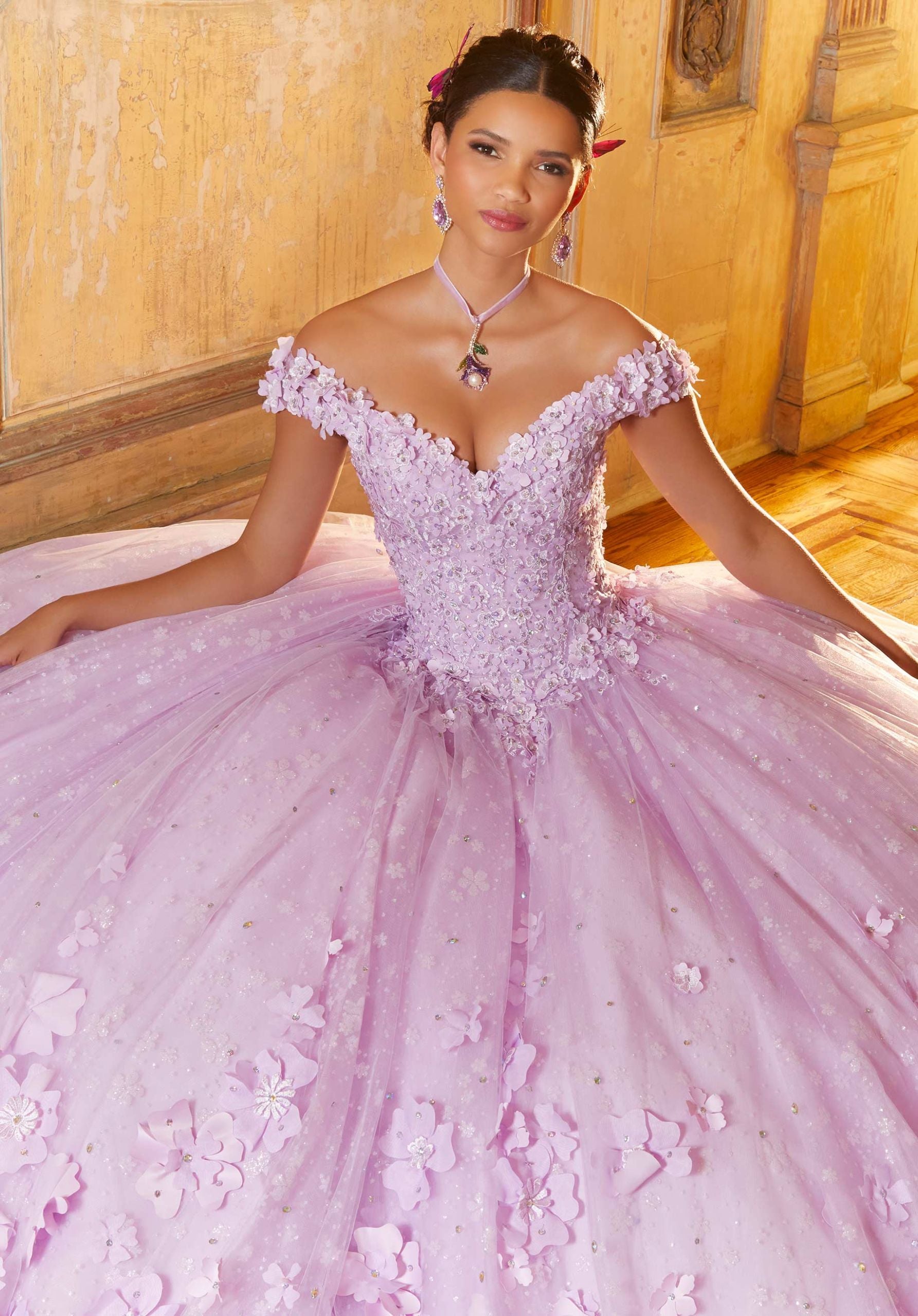 Floral Patterned Glitter Quinceañera Dress