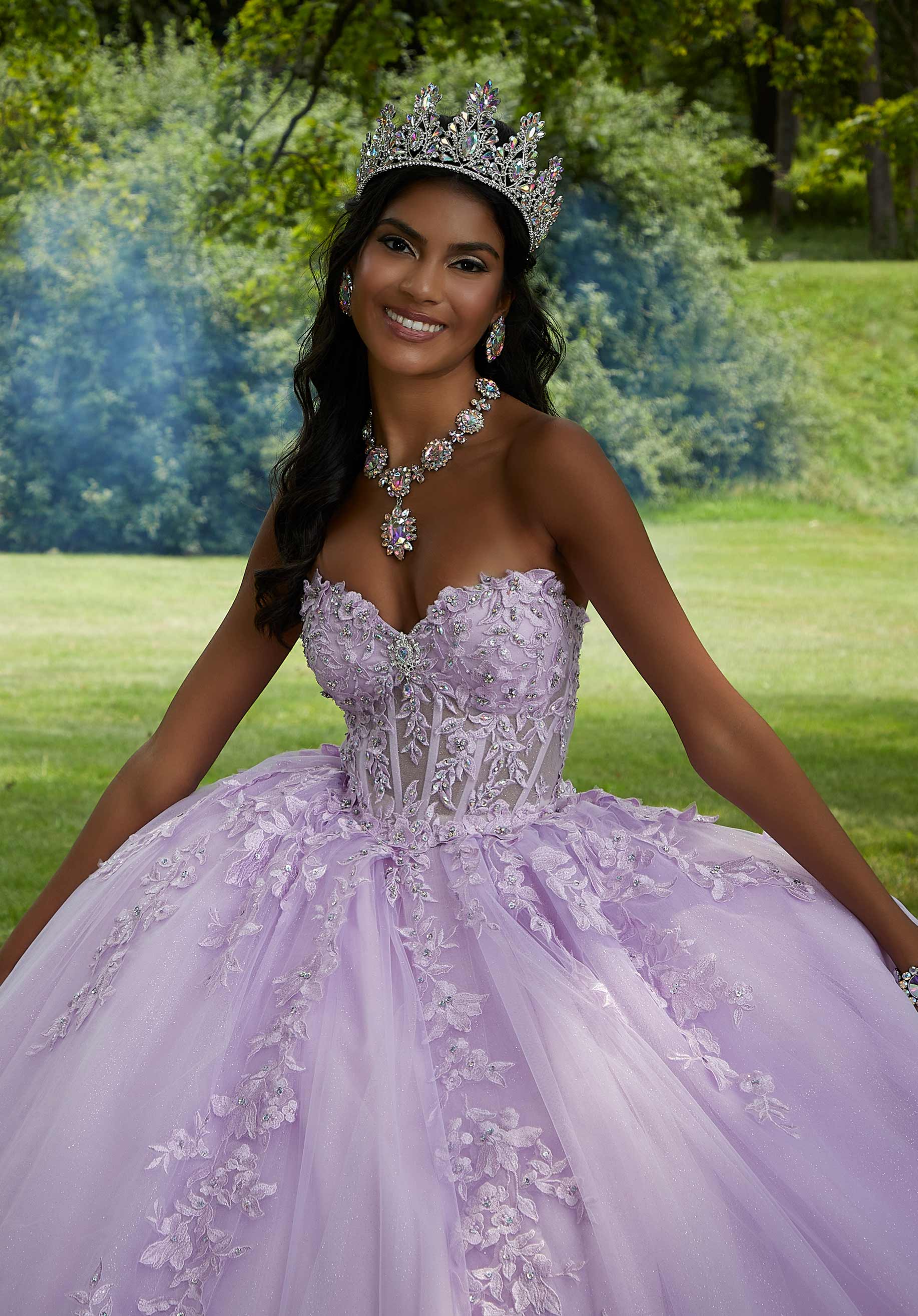 Crystal Beaded Lace Sheer Bodice Quinceañera Dress