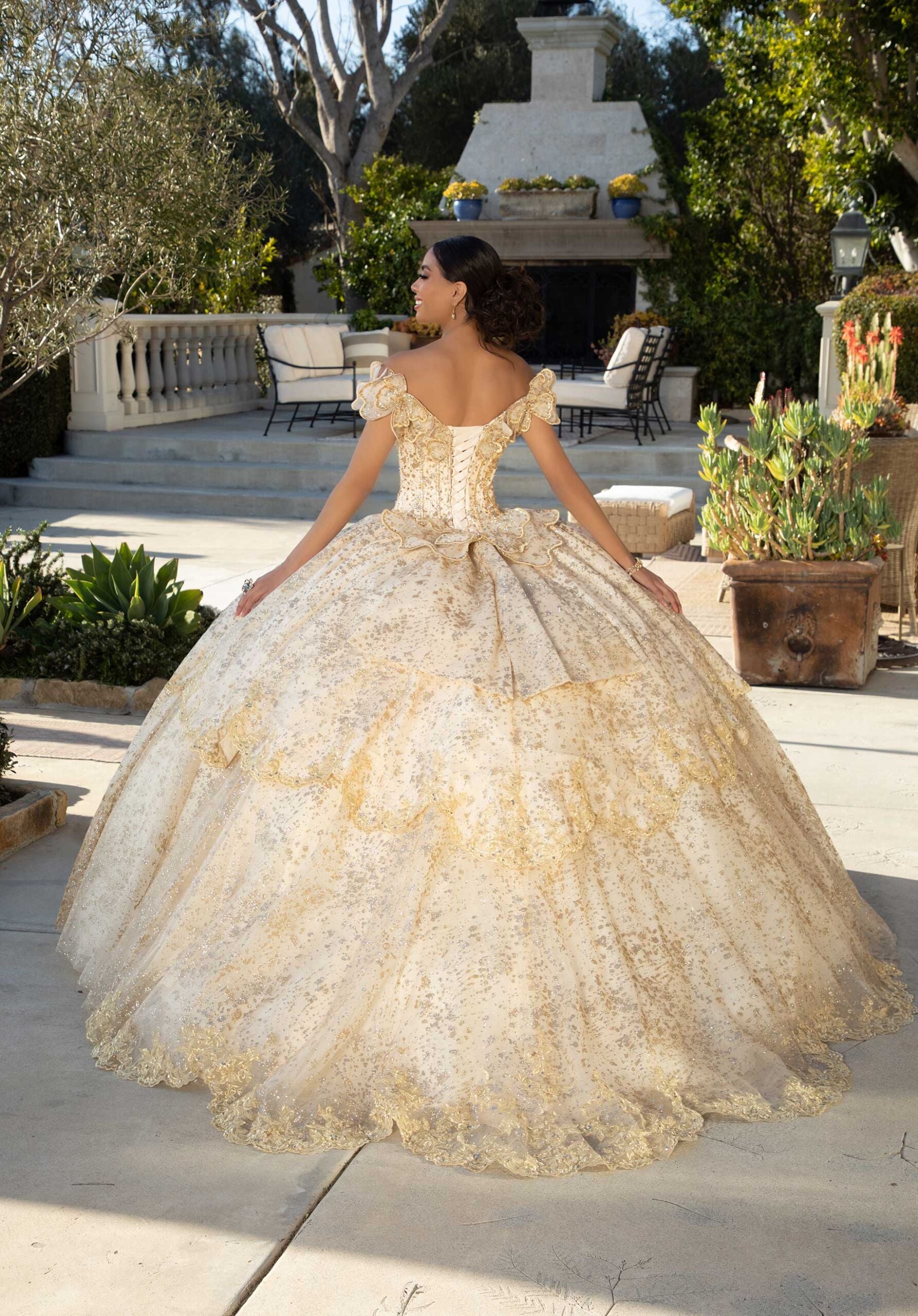 Crystal Beaded Quinceañera Dress with Butterfly Neckline