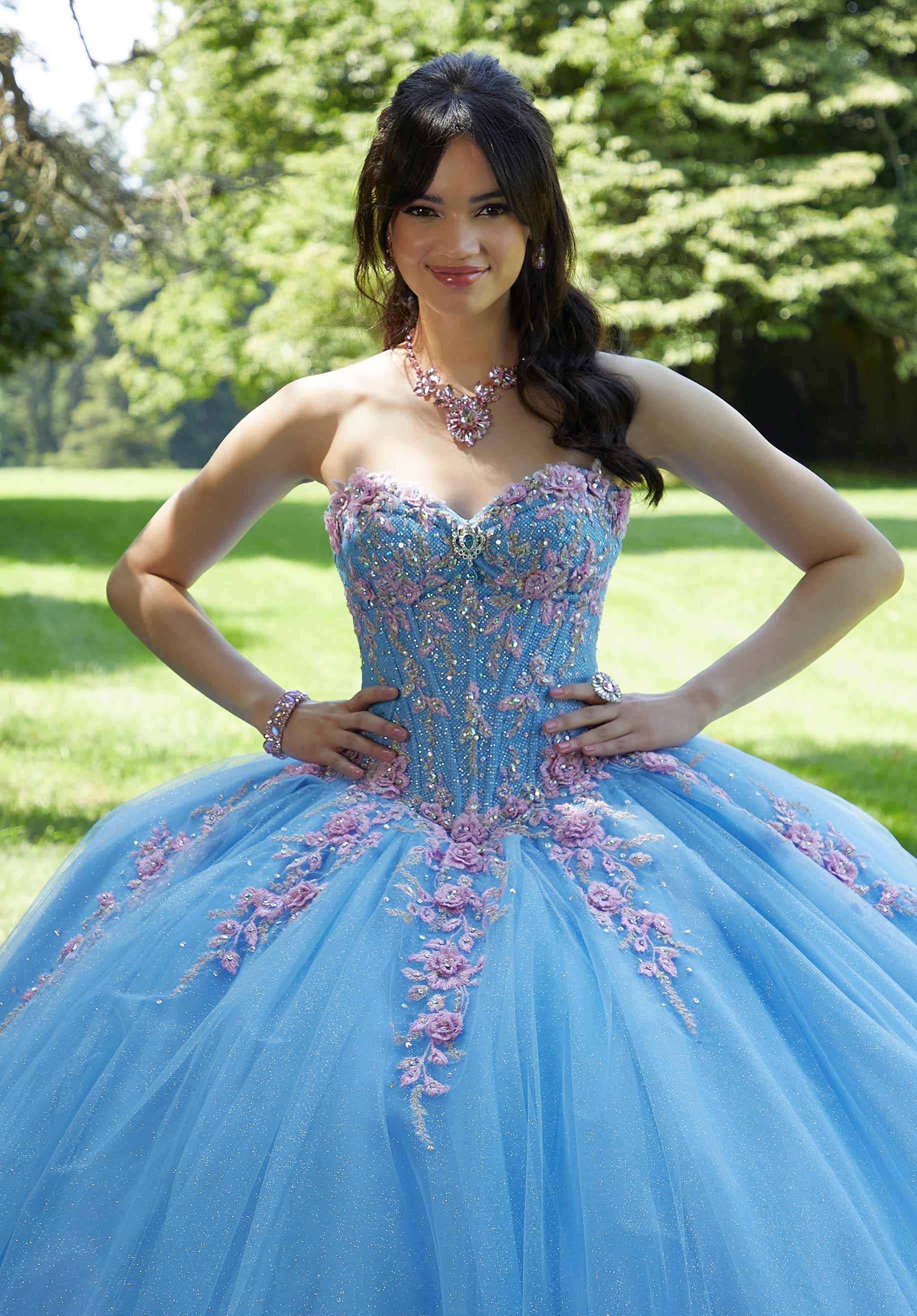 Three-Dimensional Floral Embroidered Quineañera Dress with Jewel Beading