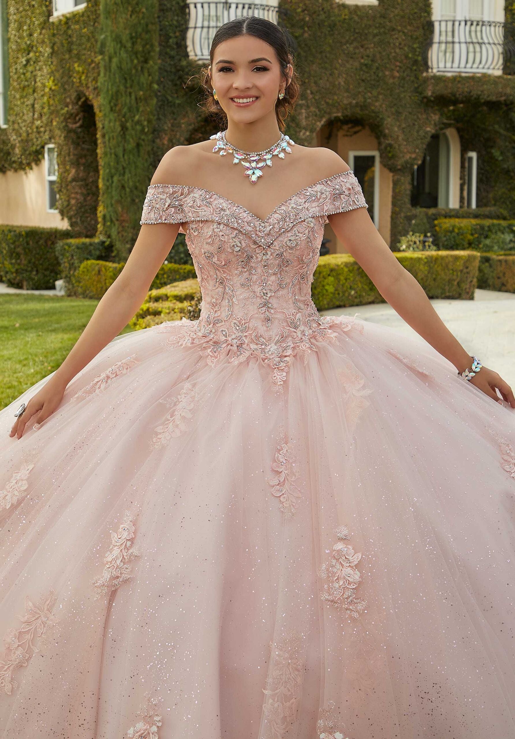 Glitter Tulle Quinceañera Dress with Glitter Lace Appliqués