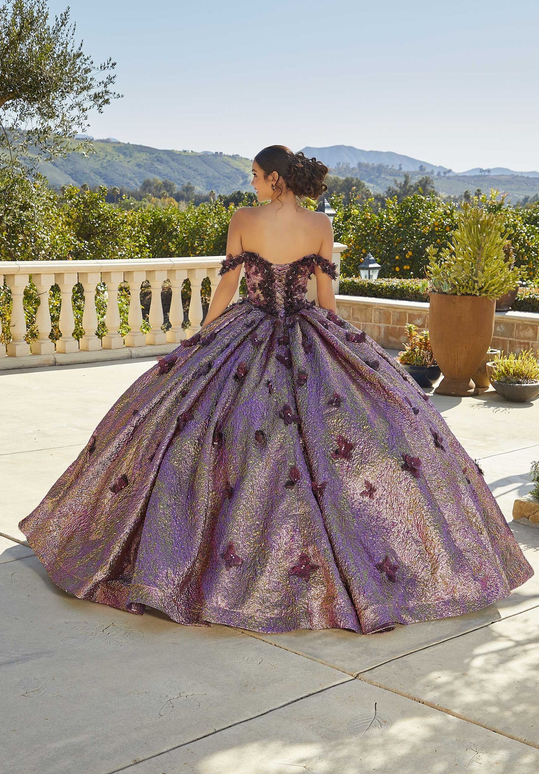 Metallic Brocade Quinceañera Dress with Butterflies
