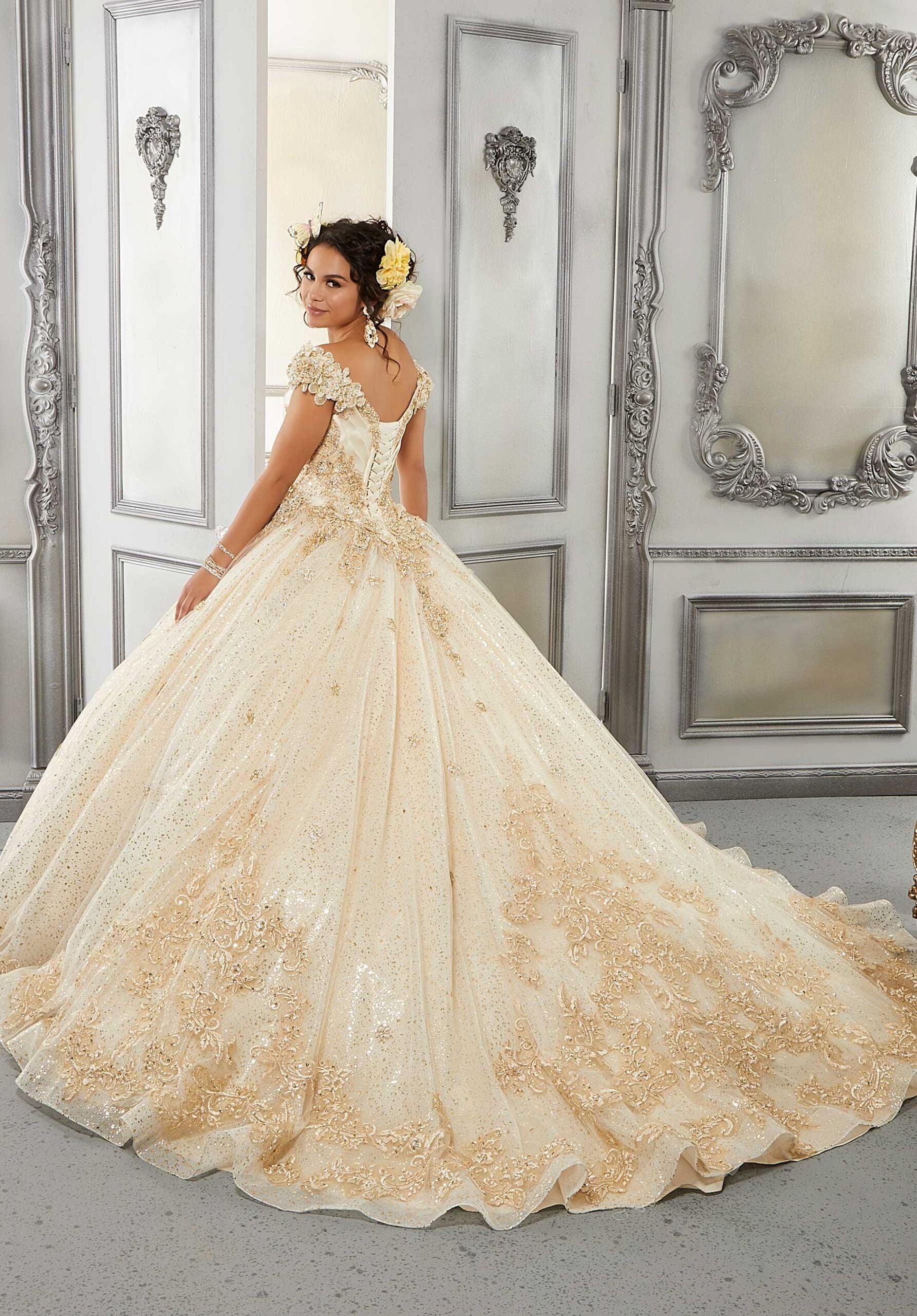 Draped Satin and Metallic Printed Tulle Quinceañera Dress