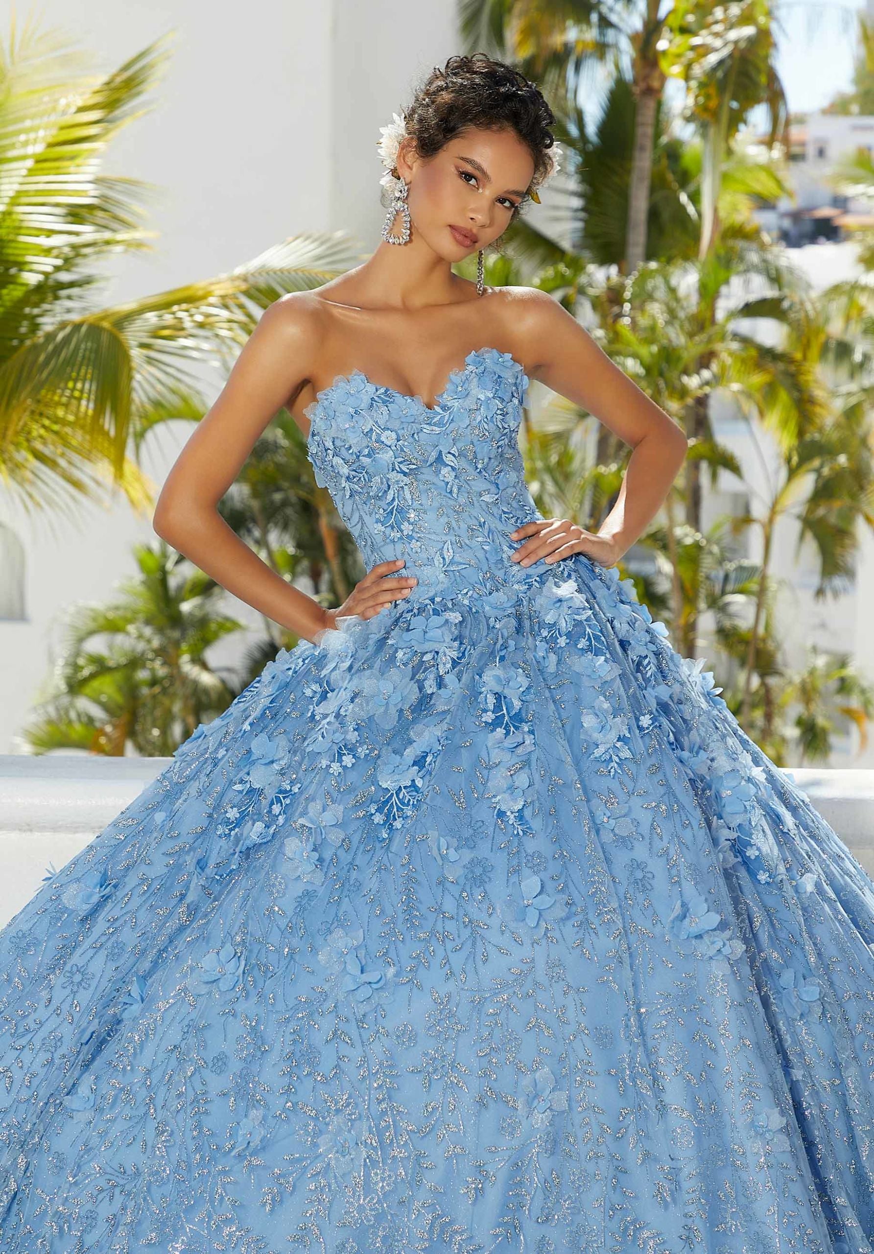 Three-Dimensional Floral Patterned Glitter Quinceañera Dress