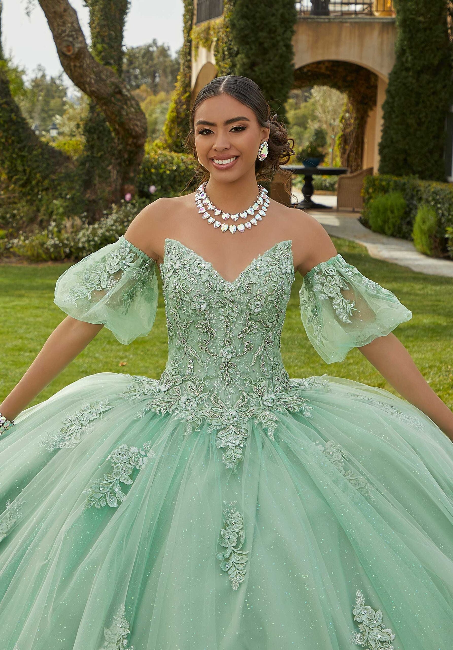 Glitter Tulle Quinceañera Dress with Glitter Lace Appliqués
