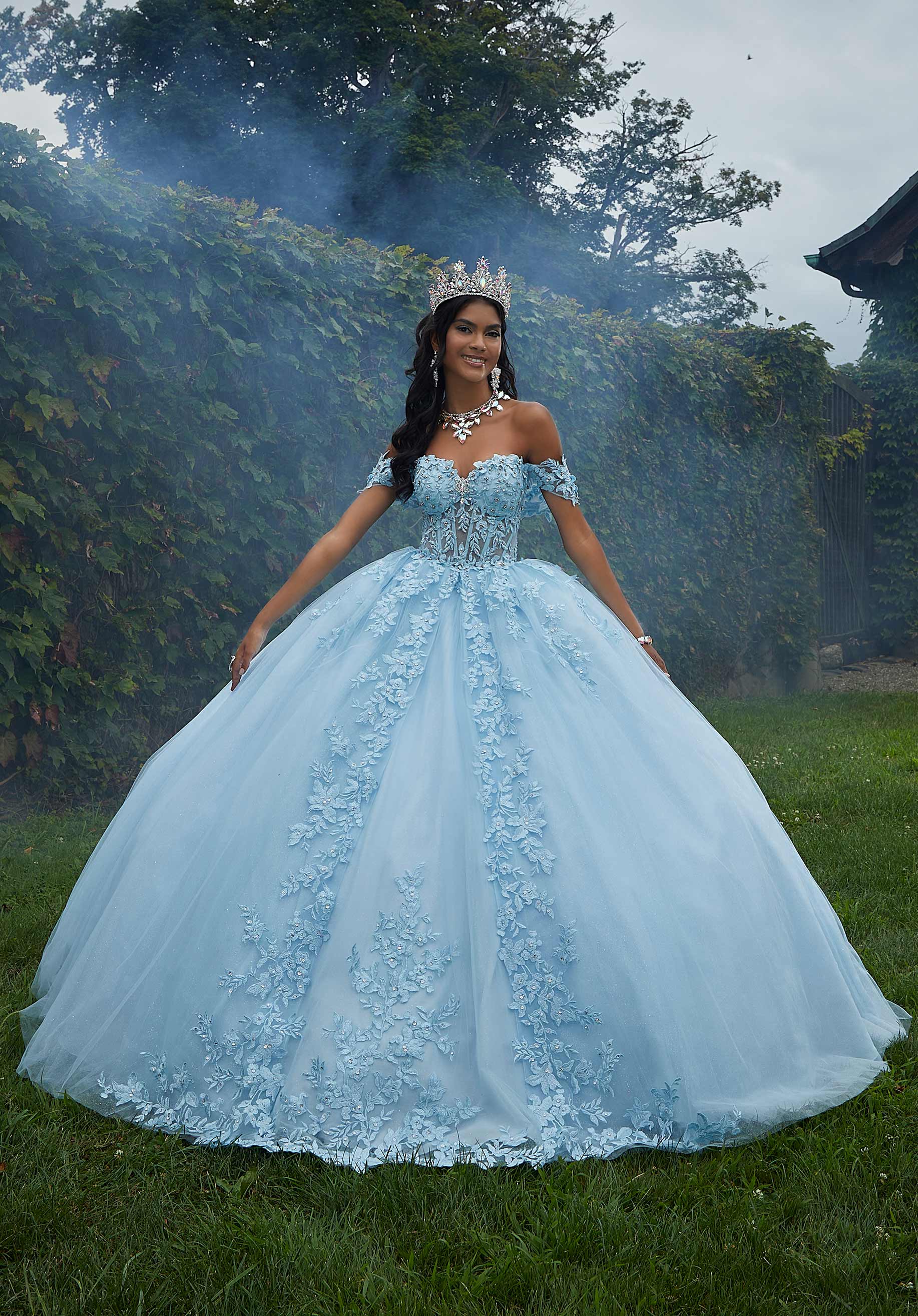 Crystal Beaded Lace Sheer Bodice Quinceañera Dress