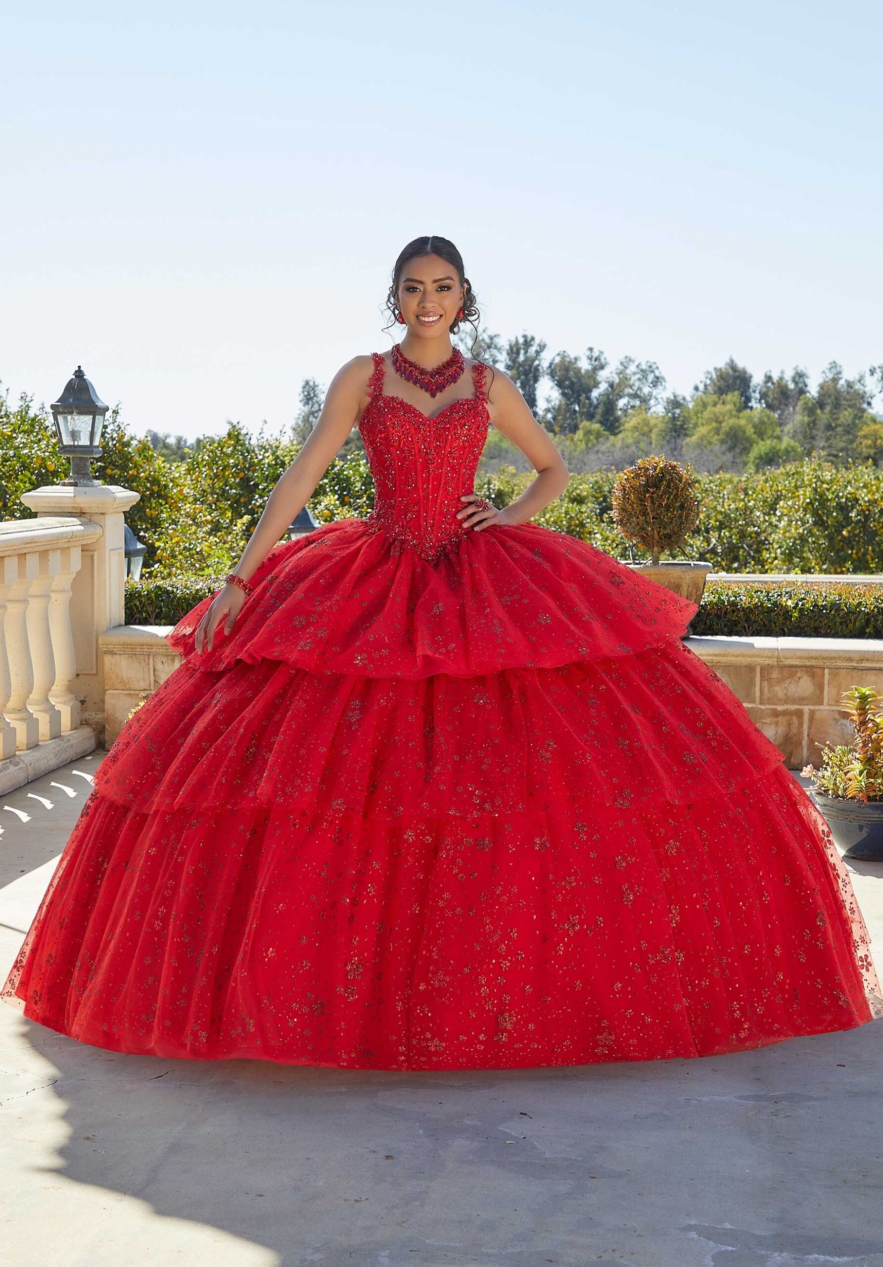 Tiered Printed Glitter Quineañera Dress
