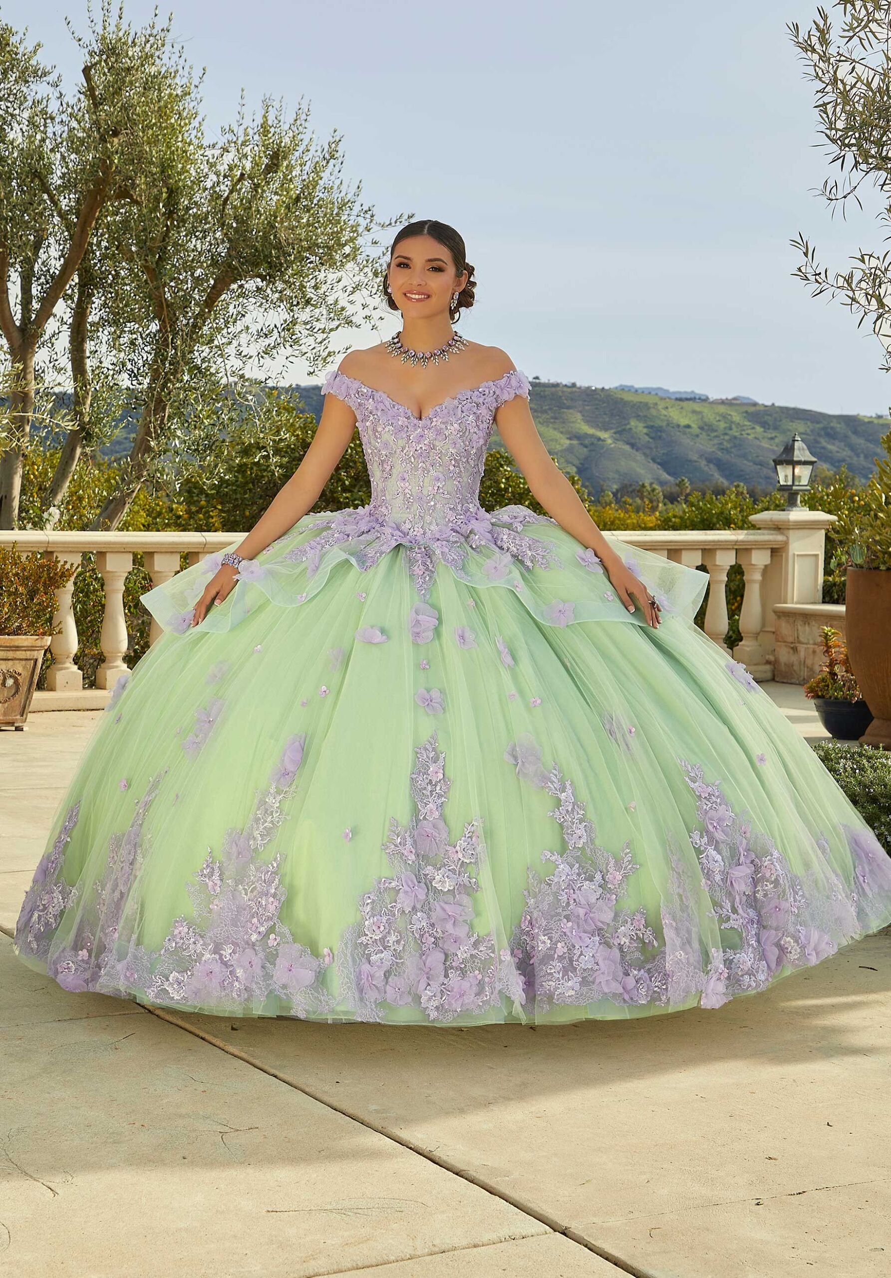 Contrasting Floral Applique Quinceañera Dress